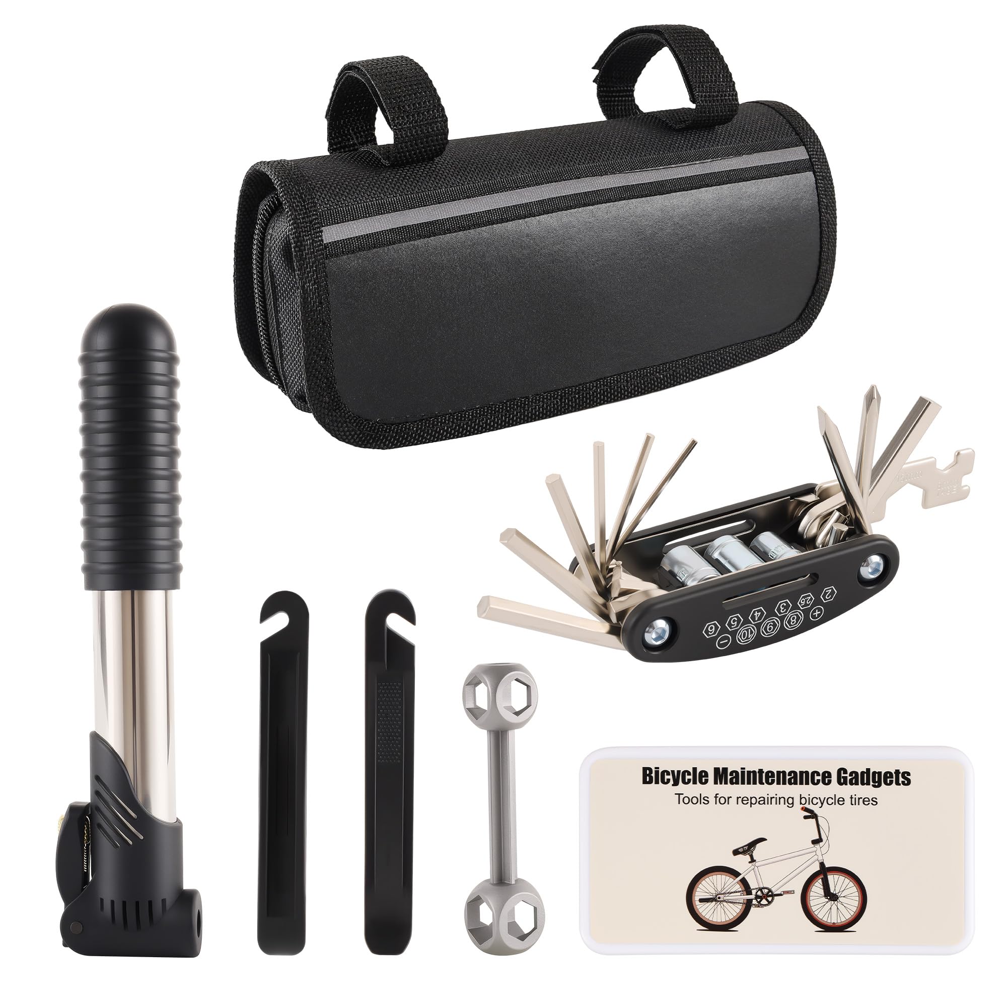 AutoViteX 33Pcs Bike Repair Tool Kit with Mini Bicycle Pump, 16 in 1 Multi-Tool, 2mm-6mm Allen Wrenches, Bicycle Repair Bag Used for Mountain and Road Bikes