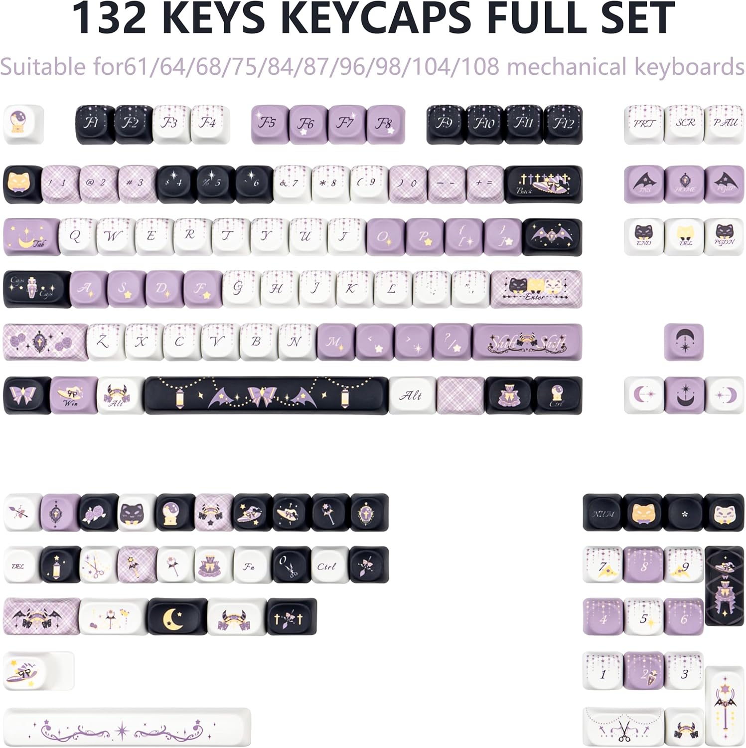 TICKTYPE MOA Profile Keycaps Black Purple Cute Halloween Theme Keycap-PBT Keycaps 5-Sided Sublimation keycap Set, Custom 129 Keys Key caps Set for Mechanical Keyboard 61/64/75/84/87/104/108 Layout