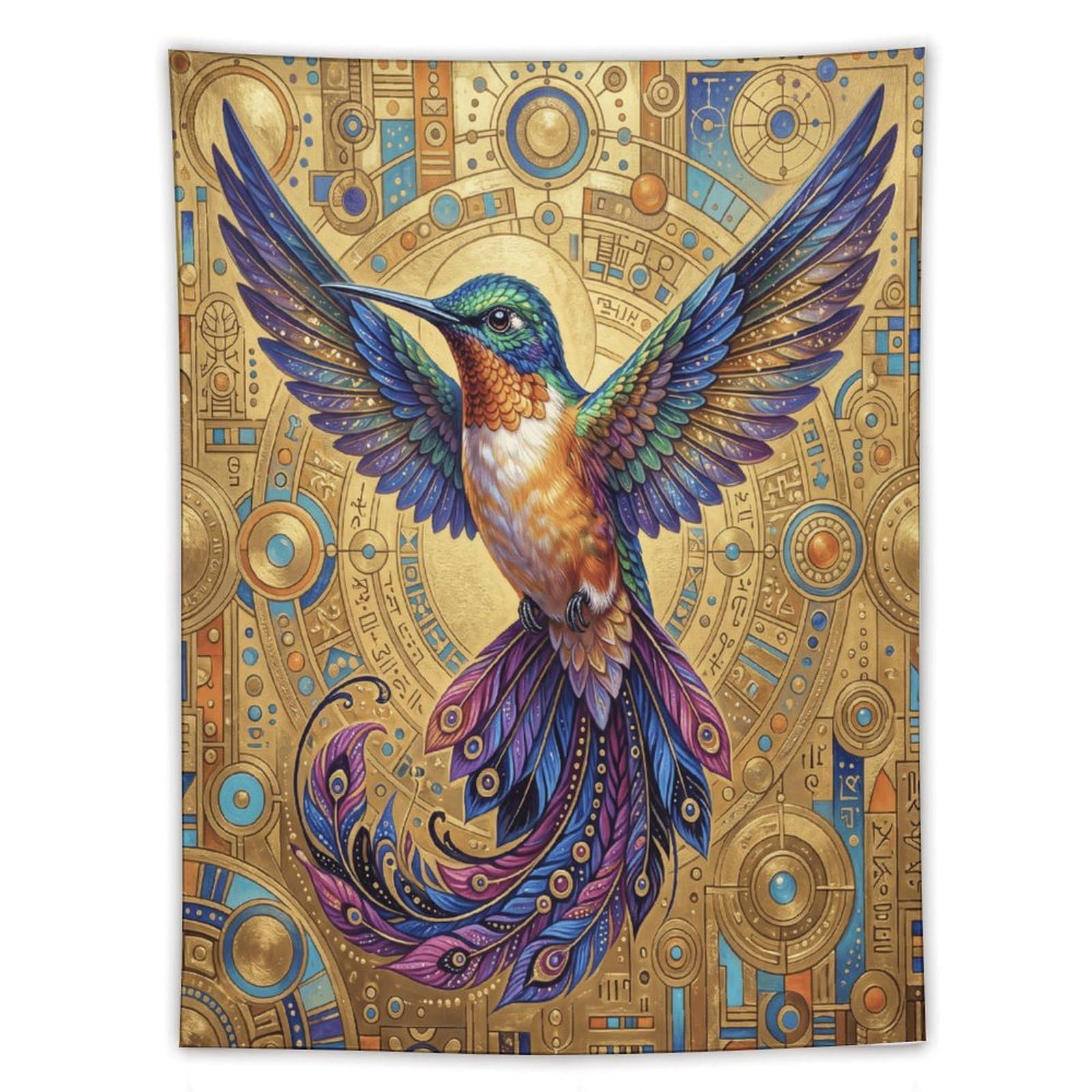 W7C8U2X3 Ornate Golden Hummingbird Wall Tapestry, Tiny Bird Glow