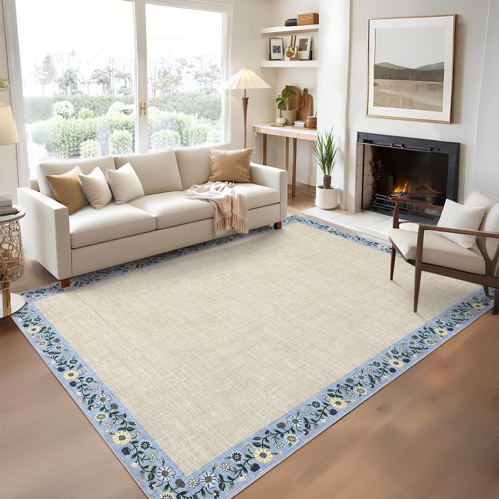 GarveeHome 4x6 Area Rugs for Bedroom Living Room Machine Washable Rugs Floral Bordered Small Carpet Non-Slip Stain Resistant Accent Carpet for Dining