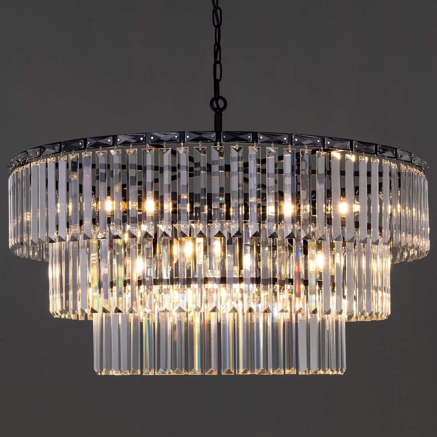 TOCHIC Crystal Chandelier, 31.5" Black Chandelier for Dining Room, Modern Farmhouse Foyer Light Chandelier for Entryway High Ceiling, Large Hanging Chandelier for Living Room Bathroom Kitchen Bedroom