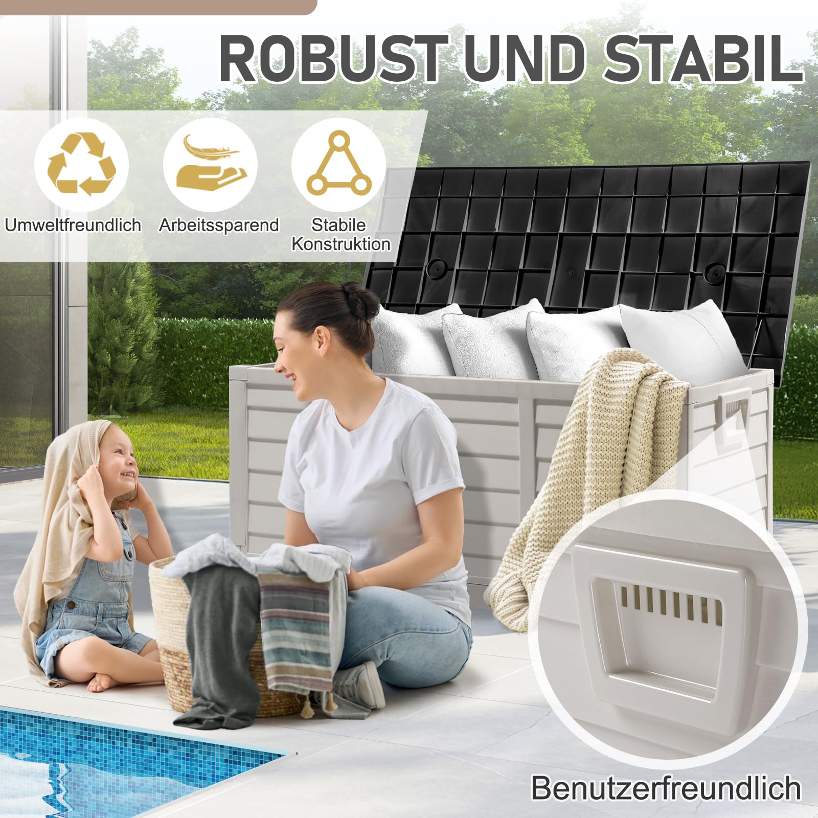 Faltbarer Gartenbox, 284L Fassungsvermögen mit Griffen und Rädern - Wasserfest und UV-beständig, Auflagenbox geeignet für Terrassen, Balkone, Wohnzimmer und Wintergärten, Schwarzweiß