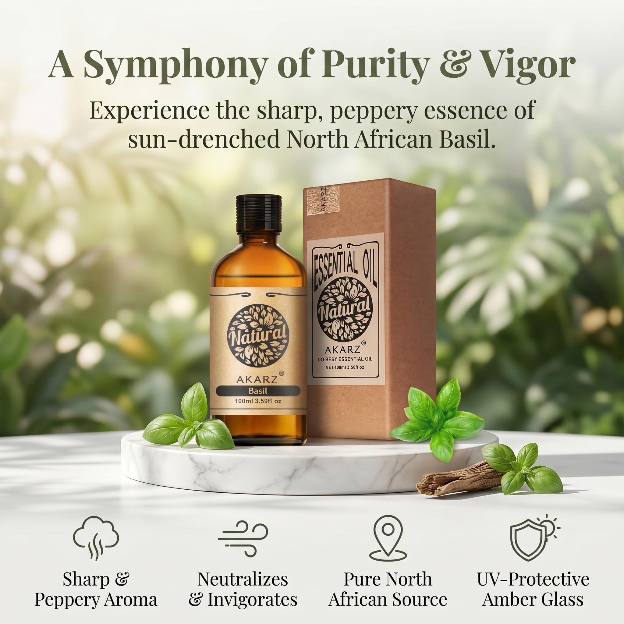 AKARZ 100ml Olejek esencjny z Bazylia - Naturalny olejek aromatyczny do dyfuzorów, lamp aromatycznych i aromatów pomieszczeń