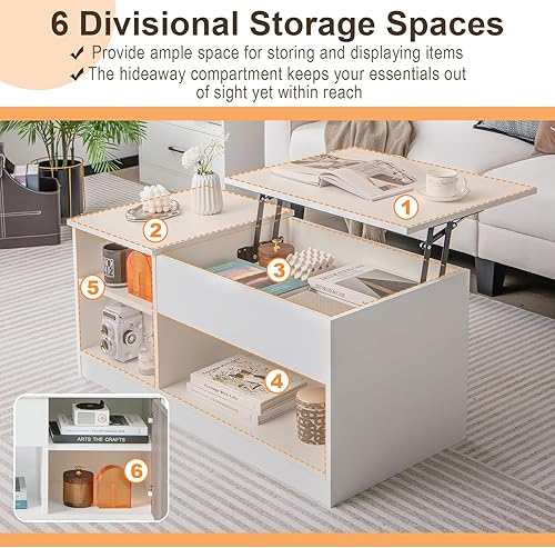 Miniatura 6 de Giantex Mesa de centro elevable, mesa central moderna con compartimentos abiertos y ocultos, gabinete de puerta, resorte de gas silencioso, mesa