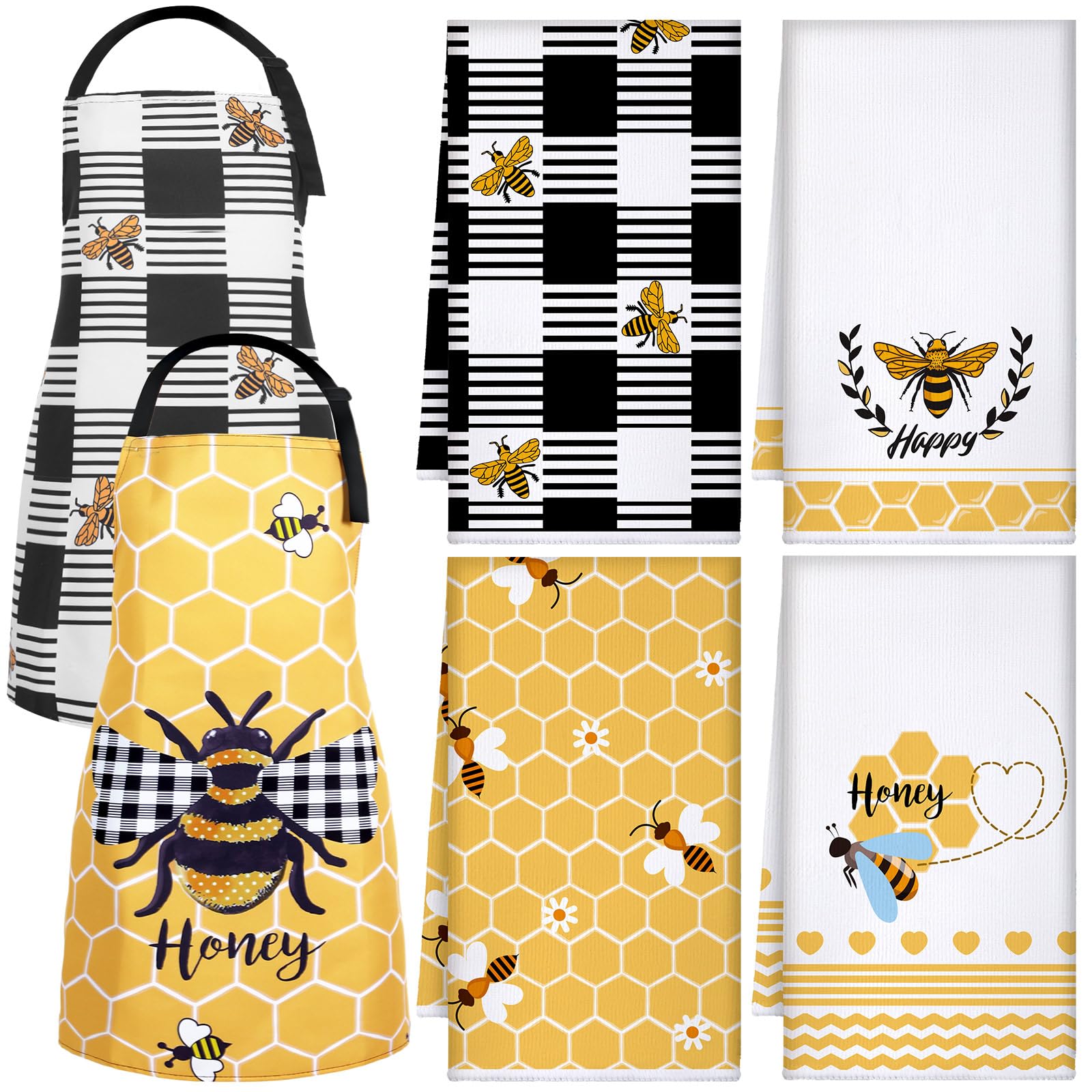 Bencailor 6 Pcs Bee Sunflower Kitchen Set Include 4 Dish Towels and 2 Kitchen Aprons for Spring Summer Women Housewarming(Bee Style)