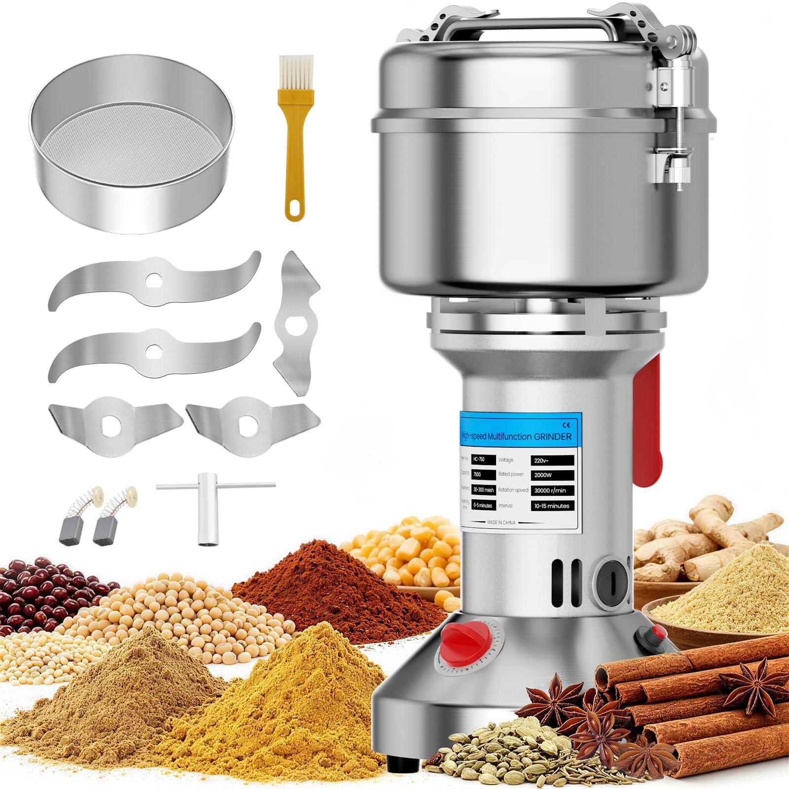 750g Electric Grain Grinder, Stainless Steel Spice Mill with 28000 RPM High Speed, 5 min Timer and Overload Protection, for Wheat, Corn, Rice, Pepper, Herbs and Coffee Beans