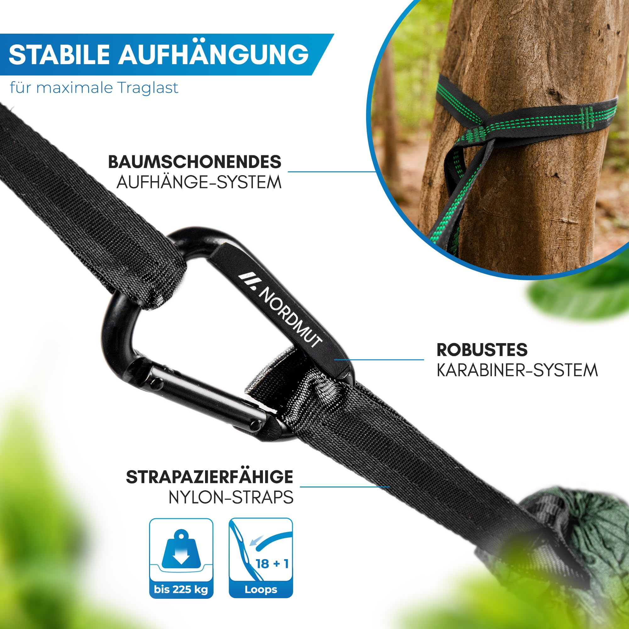 NORDMUT® Ultraleichte Hängematte Outdoor [mit Befestigungs-Set] Camping Hängematte inkl. Baumschutz-Set für Camping, Outdoor und Garten - max. Belastbarkeit 300 kg