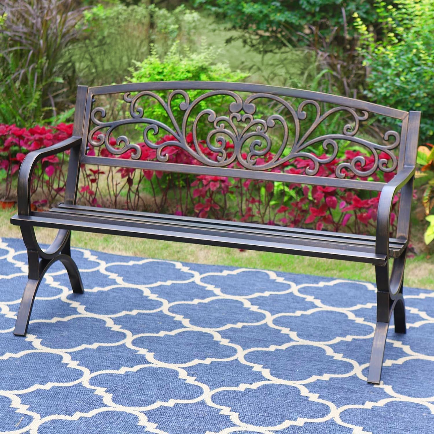 PHI VILLA Gartenbank Metall Rostfrei Rückenlehne aus Gusseisen Stahlrahmen 2-3 Sitzer Bank Outdoor mit Floralem Design für Park, Garten und Terrasse Bronze