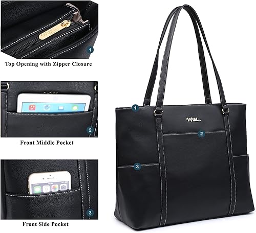 Miniatura 3 de Bolso de mano de cuero para computadora clásico de 15.6 pulgadas, Notebook, MacBook, bolso de viaje con diseño elegante de correa, Negro