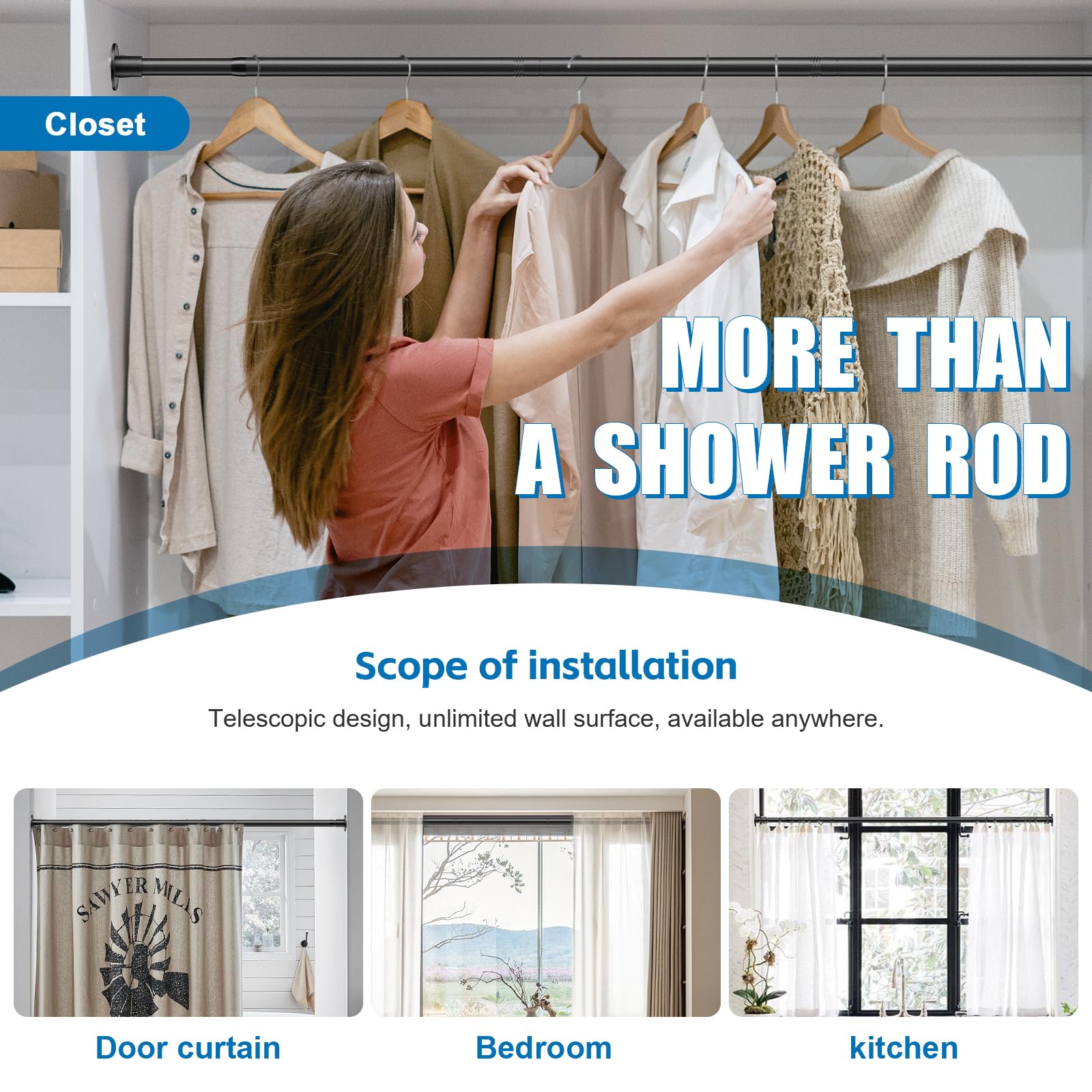 Douchegordijnstang, zwart, 73 - 195 cm, 25 mm, gordijnroede zonder boren, voor douche, uittrekbaar, voor badkamer, balkon