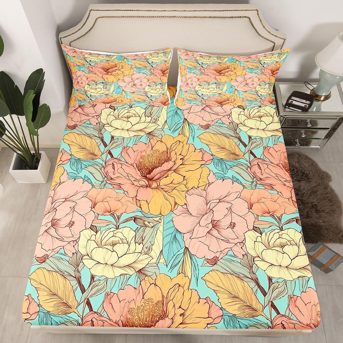 Erosebridal Retro 70S Theme Bed Sheets Full Groovy Flowers Sheet Set, Hippie Funky Floral Soft Lightweight Bedding Set, Natural Garden Botanical Fitted Sheet with Deep Pocket