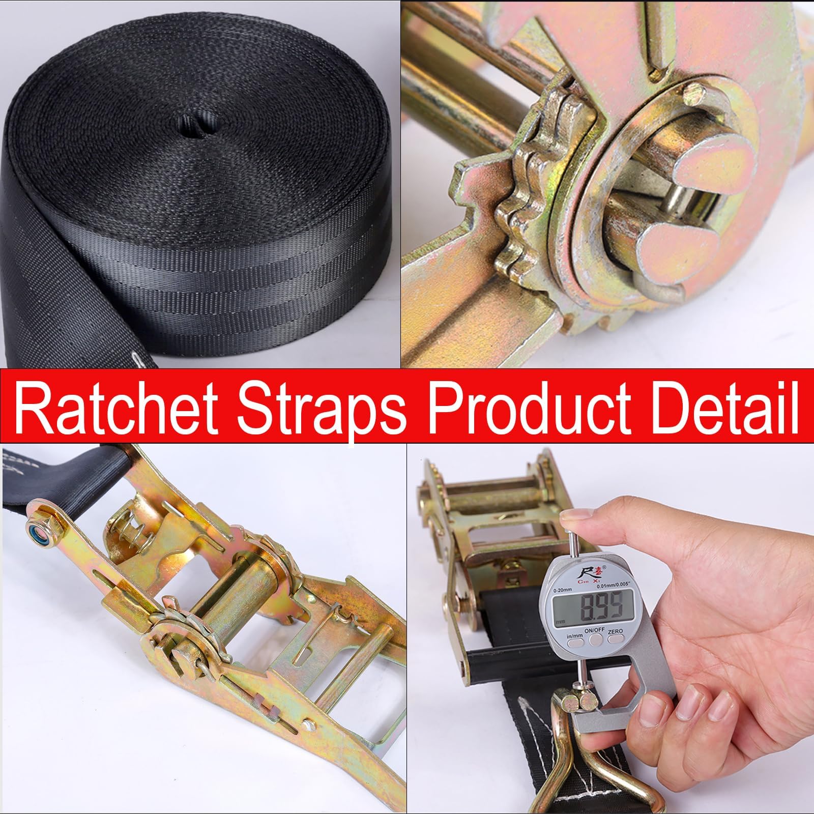 4 correas de trinquete resistentes - Resistencia a la rotura de 3628,7 kg - Correas de trinquete de 5,1 cm x 8,2 m con doble gancho J duradero para camión, remolque, techo de coche