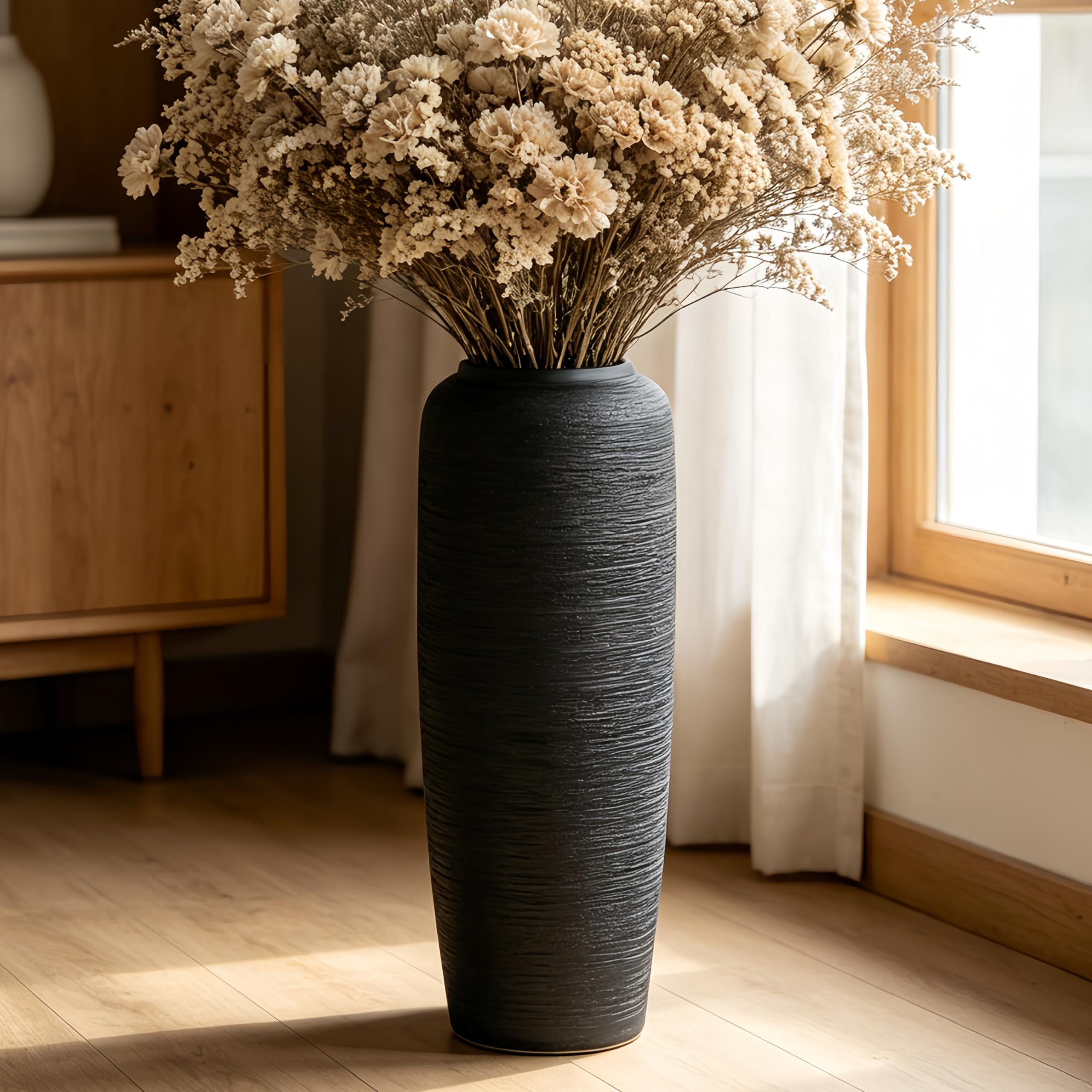Vintage Keramik Schwarz Bodenvase, 50 cm, Rustikaler Boho Stil für Pampasgras, Blumen oder Dekor, Perfekt für Wohnzimmer, Eingang oder Tisch