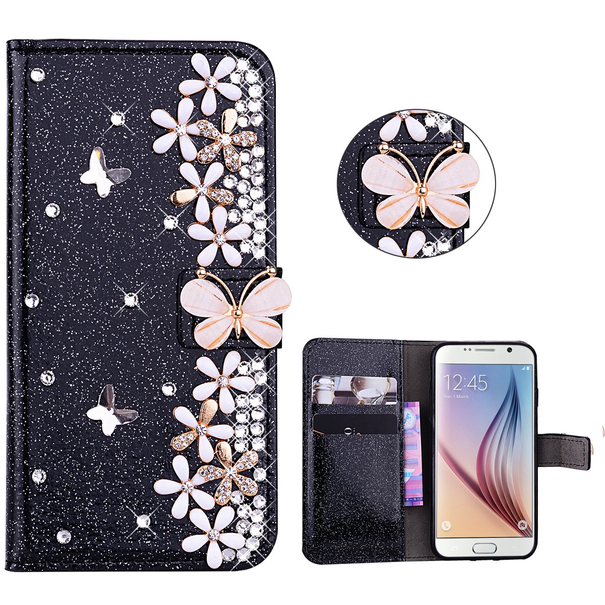 Xifanzi Glitter Wallet Case for Galaxy S8 Black Glitter Bling PU Leather Flip Case Wallet 3D Diamond Butterfly Flowers Wallet Buckle Protective Cell Phone Cases for Samsung Galaxy S8