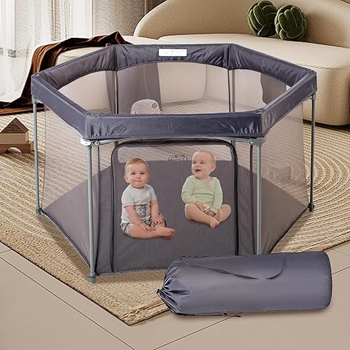 Corralito para bebés de 53 x 53 pulgadas, patio de juegos portátil para interiores y exteriores, no requiere almohadilla adicional con paredes de