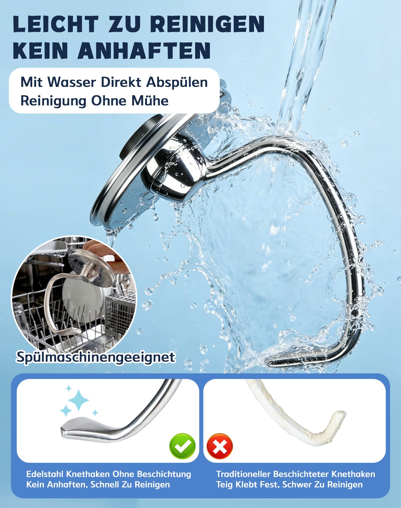 Knethaken für Kitchenaid 4.5/5QT Edelstahl Knethaken, Teigpeitsche für Standmixer, Artisan Rührhaken Geeignet für KSM150 K45 K45SS KSM75 KSM175 Ersatz, Spülmaschinenfest