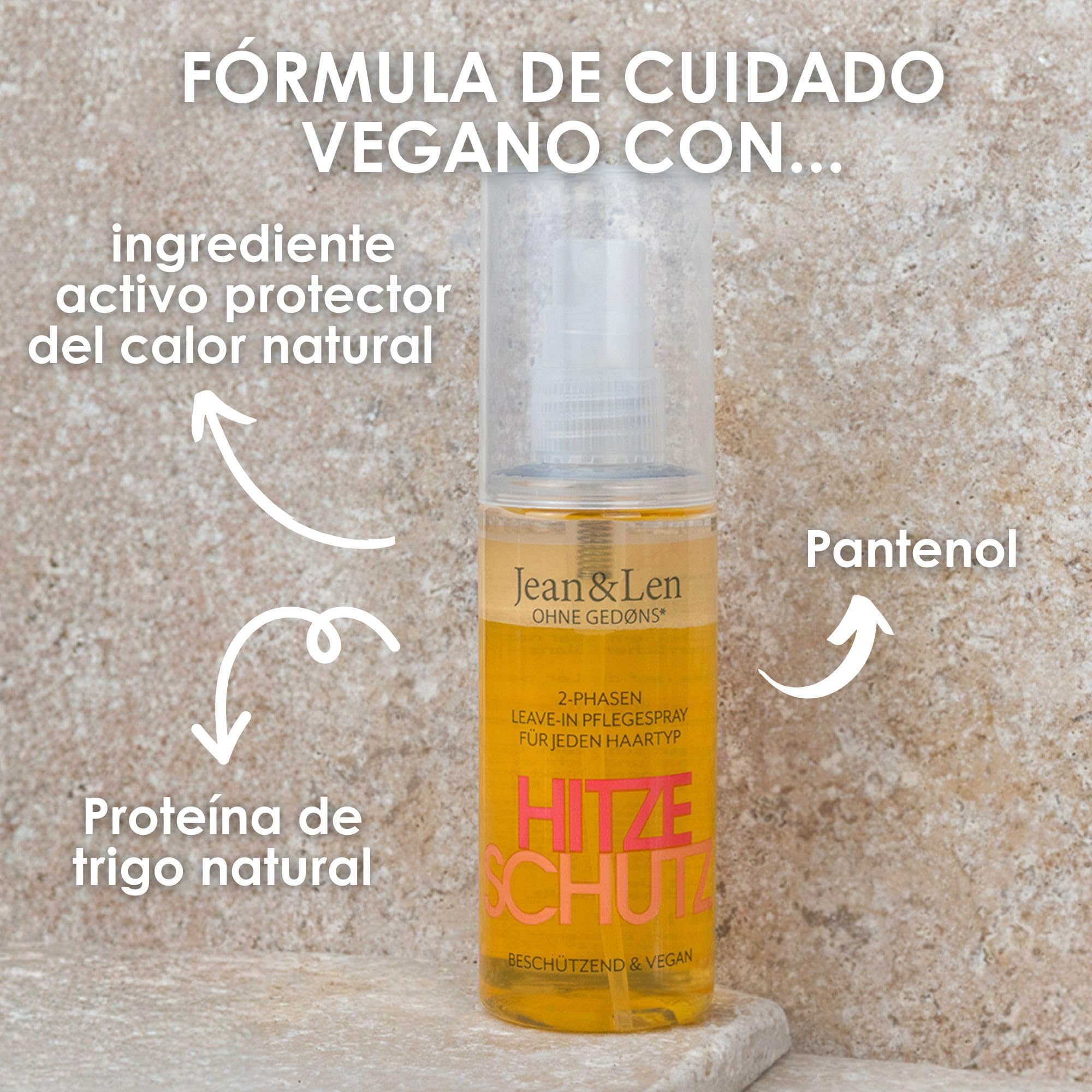 Jean & Len Spray protector del calor bifásico Leave-In, para todo cabello, protege del calor hasta 220 °C, fórmula anti-frizz, Heat Protection Spray, sin parabenos ni siliconas, vegano, 100 ml