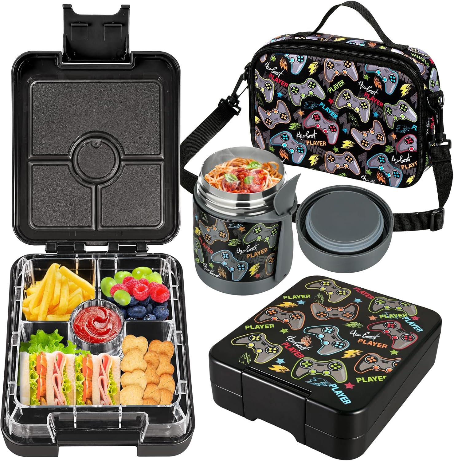 Bento Lunch Box Set for Kids with 10oz Soup Thermo, Leak-Proof Lunch Containers with 4 Compartment, Kids Thermo Hot Food Jar and Insulated Lunch Bag for Kid to School,BPA-Free(Black-Game Console) Bento Lunch Box Set for Kids with 10oz Soup Thermo, Leak-Proof Lunch Containers with 4 Compartment, Kids Thermo Hot Food Jar and Insulated Lunch Bag for Kid to School,BPA-Free(Black-Game Console)