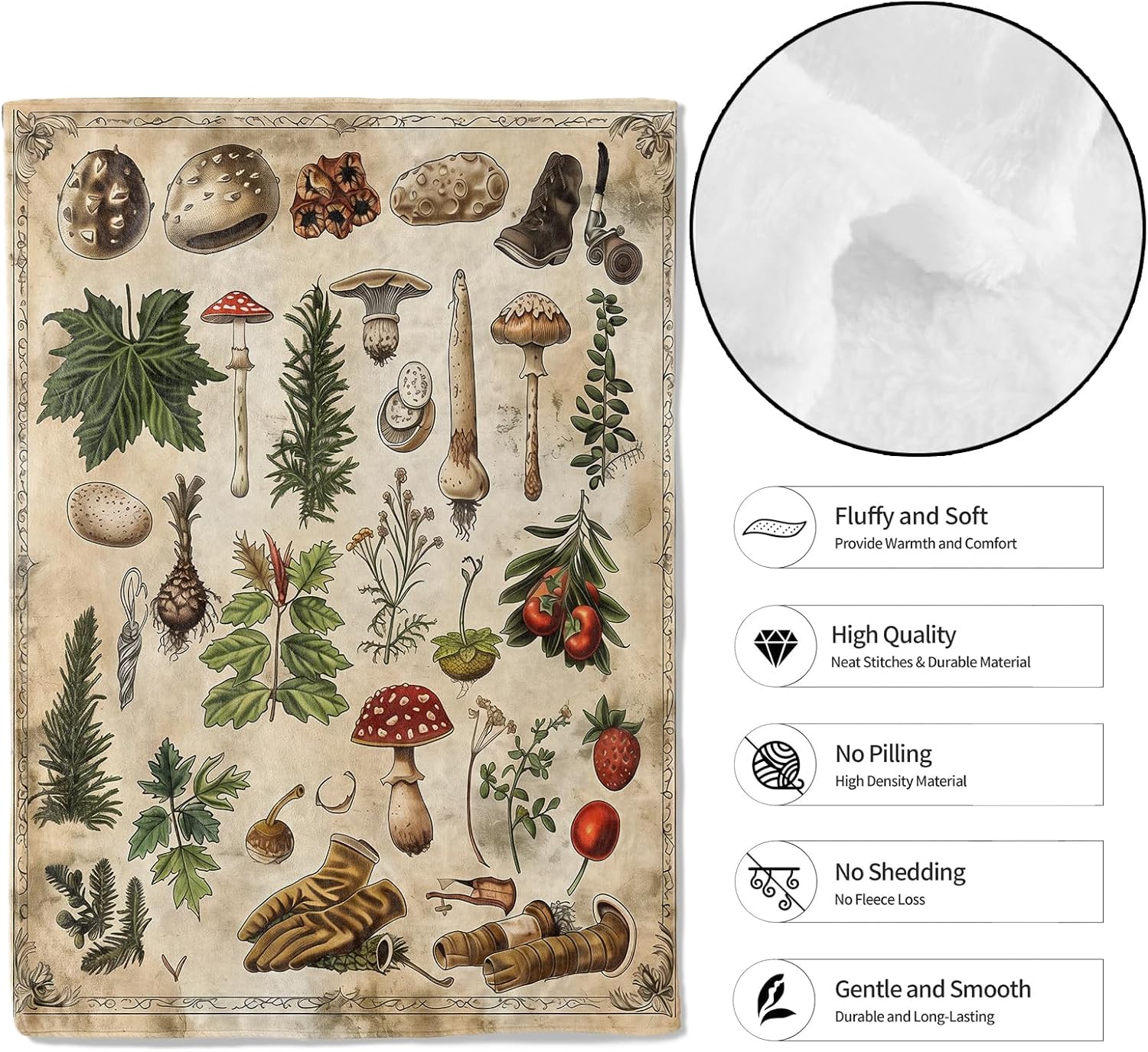 Vintage Forest Botanical Throw Blanket, 50x60in, Soft, Lightweight Flannel, Mushroom Plant Foraging Find Retro Nature Blankets, Gifts for Women, for Cottagecore Home Living Room Decor - Image 2