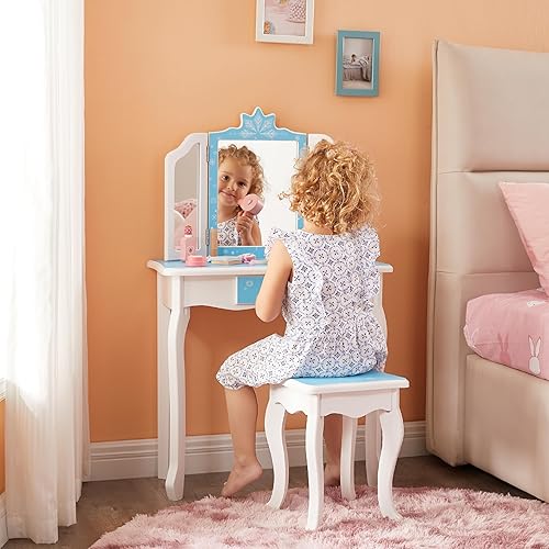 Miniatura 6 de Juego de mesa y taburete para niños, juego de tocador para niñas con espejo desmontable y cajón tríptico, tocador de maquillaje de princesa 2 en 1 y