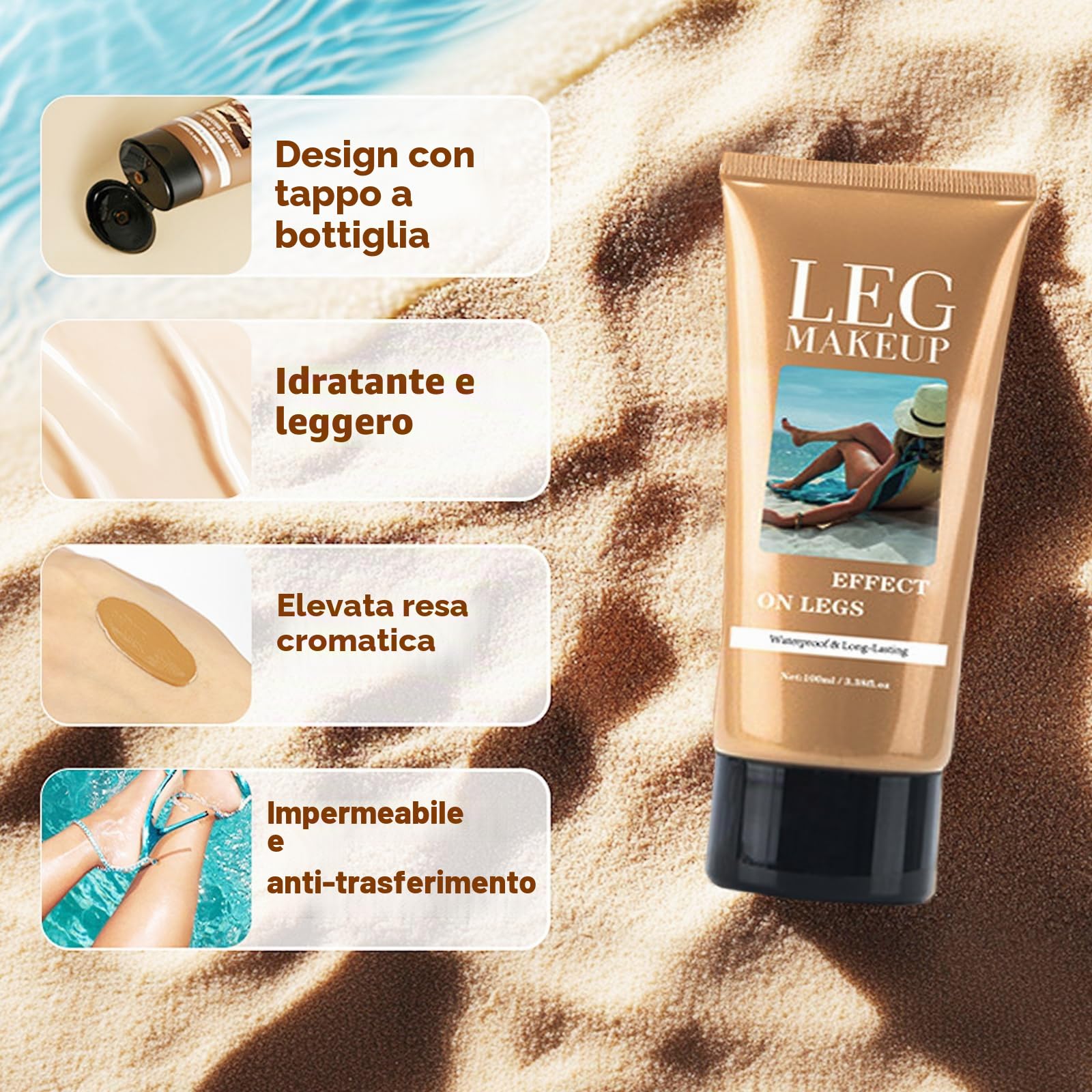 Trucco impermeabile per le gambe senza trasferimento, pennello per il corpo extra grande, copertura per vene varicose/cicatrici, Skin Perfecting Body Foundation