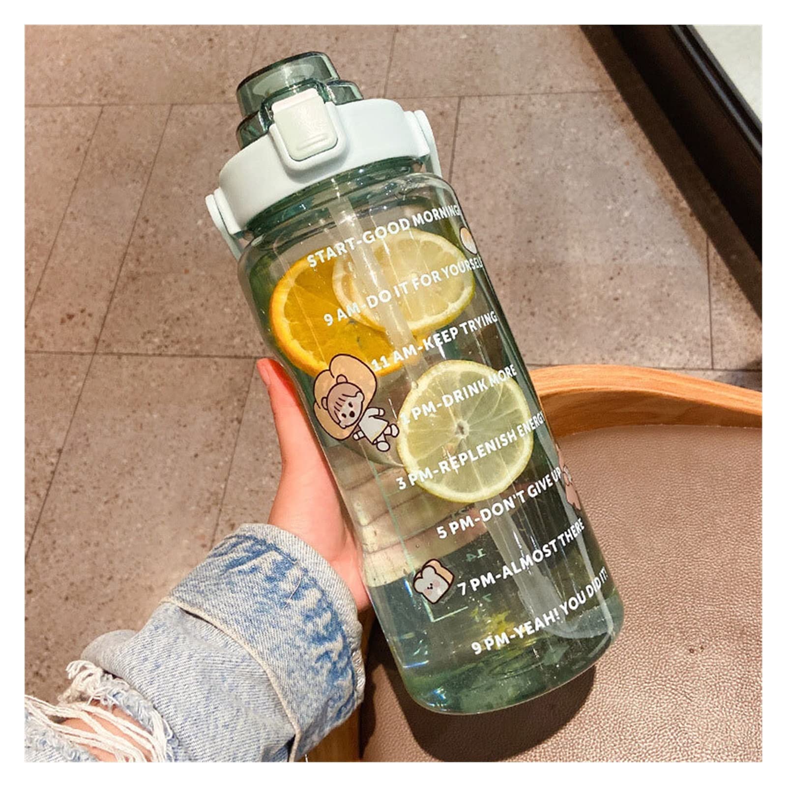 Botella de Agua de Gran Capacidad 2L con Cubierta de Rebote Recordatorio de Escala de Tiempo Copa Impermeable Helada for Deportes al Aire Libre Fitness