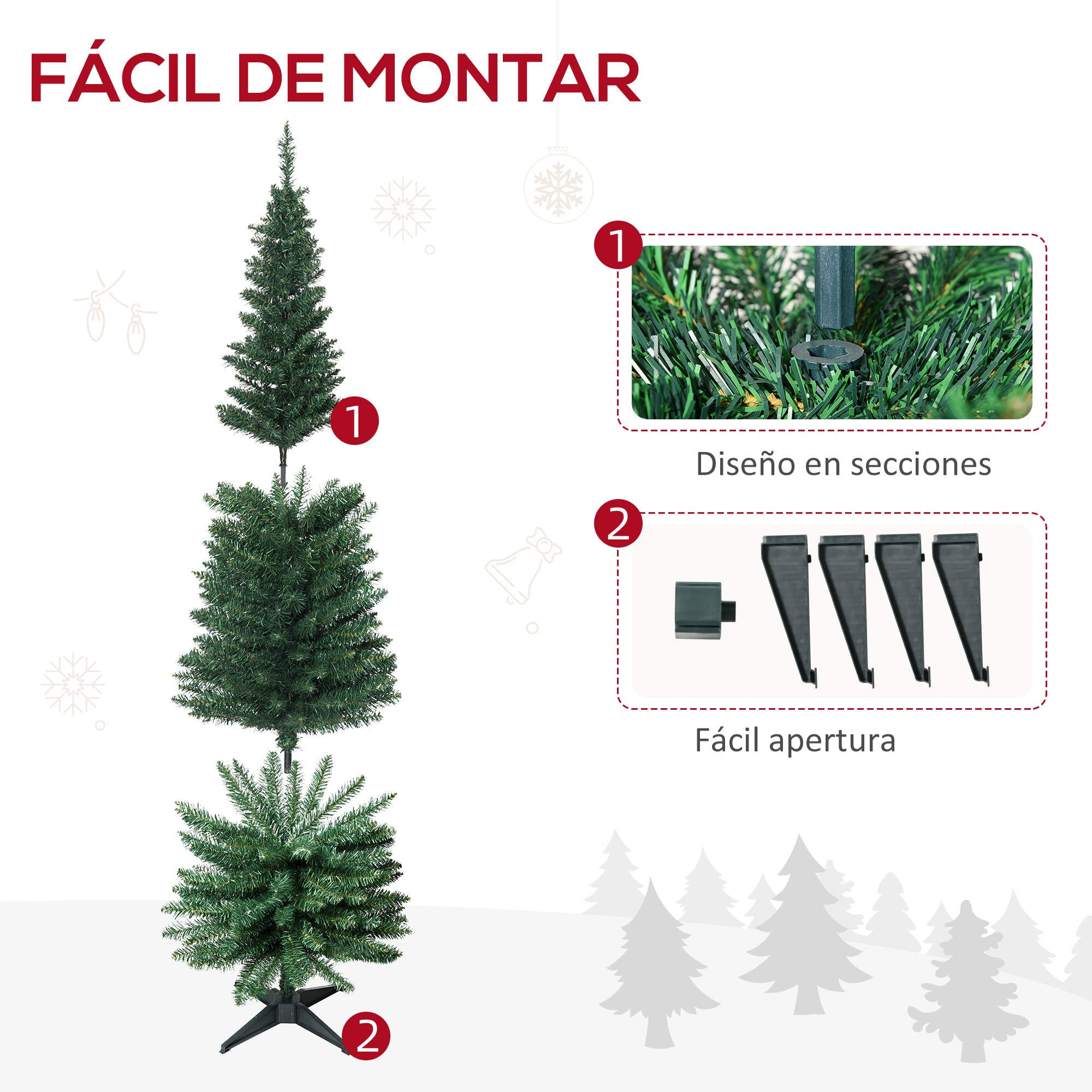 HOMCOM Árbol de Navidad Estrecho 180 cm, Árbol Artificial con 390 Ramas, Base de Plástico Desmontable, Fácil Montaje, para Salón Interior, Verde