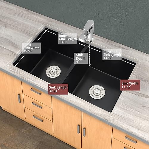 Miniatura 3 de Lonsince Fregadero de cocina con doble tazón, fregadero de cocina negro de 30 x 18 pulgadas, fregadero de cocina de doble tazón, fregadero de cocina