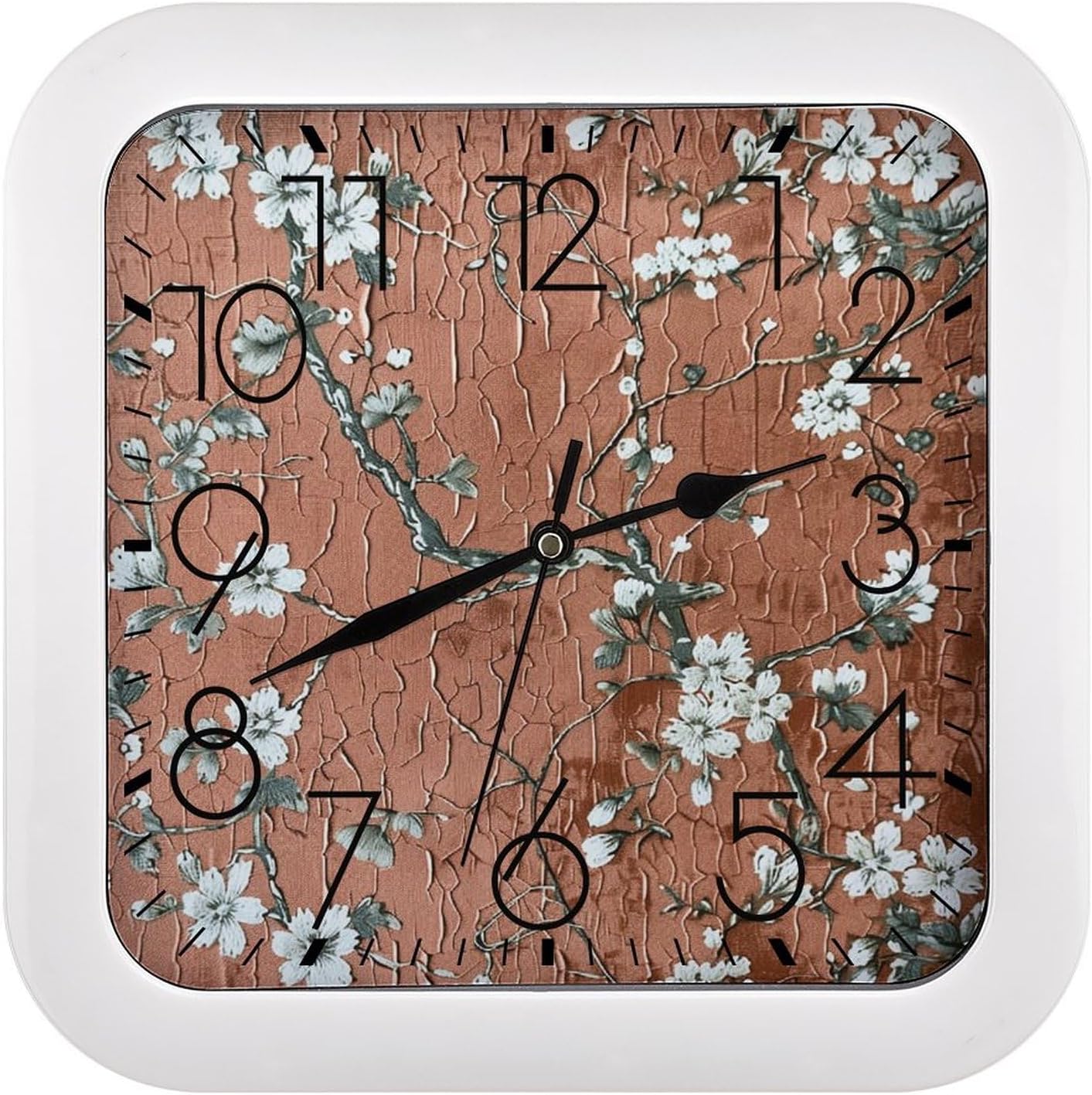 Square Clock, Small Flowers and Vines Printed Square Wall Clocks Battery Operated Retro Wall Clock Silent Clock with No Ticking Sound for Bedroom Living Room Kitchen