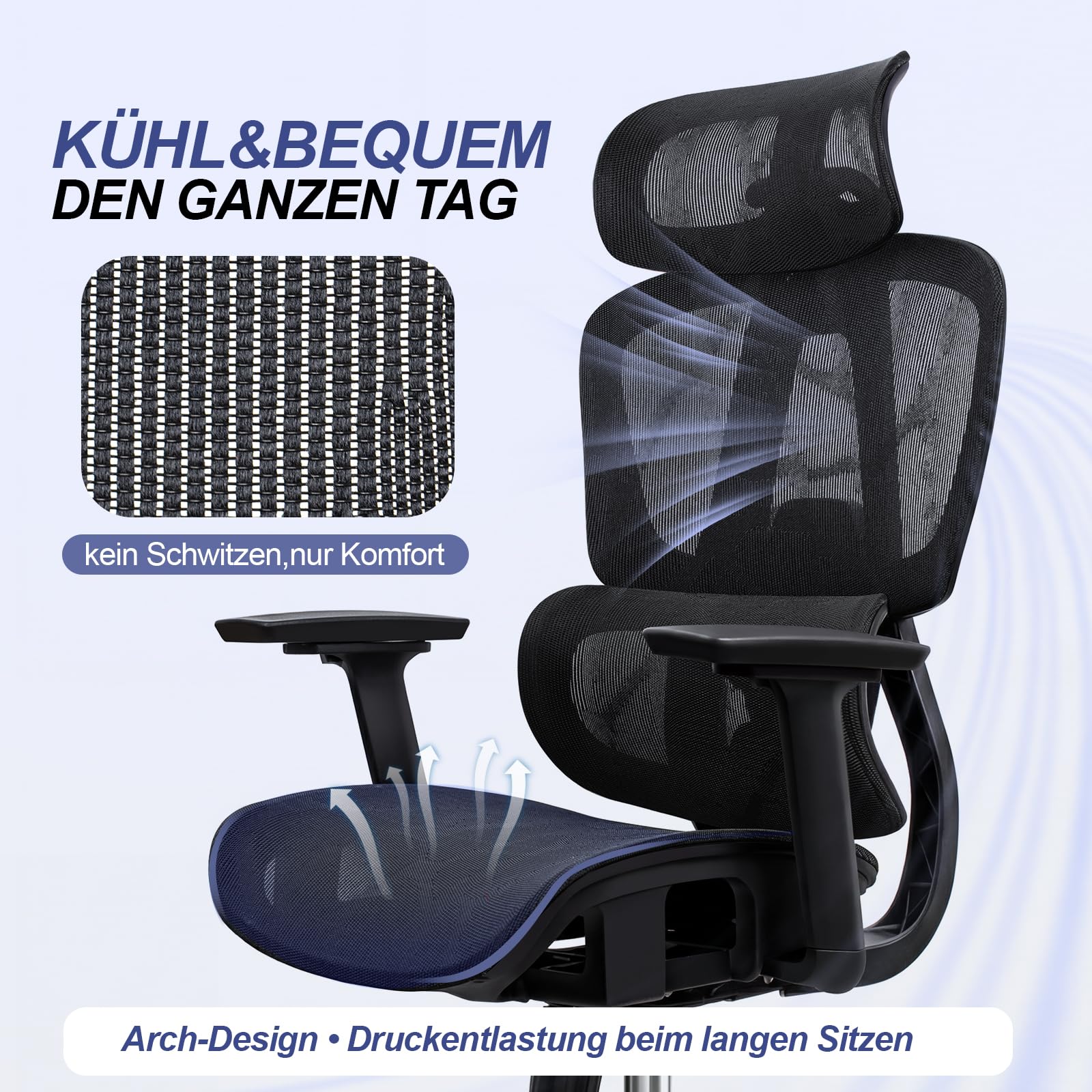 Bürostuhl Ergonomisch, Schreibtischstuhl mit Automatischer Lendenstütze (2-Fach höhenverstellbar), 4D-Kopfstütze, 4D-Armlehnen, Atmungsaktives Mesh, Drehstuhl bis 150 kg für Home Office & Büro