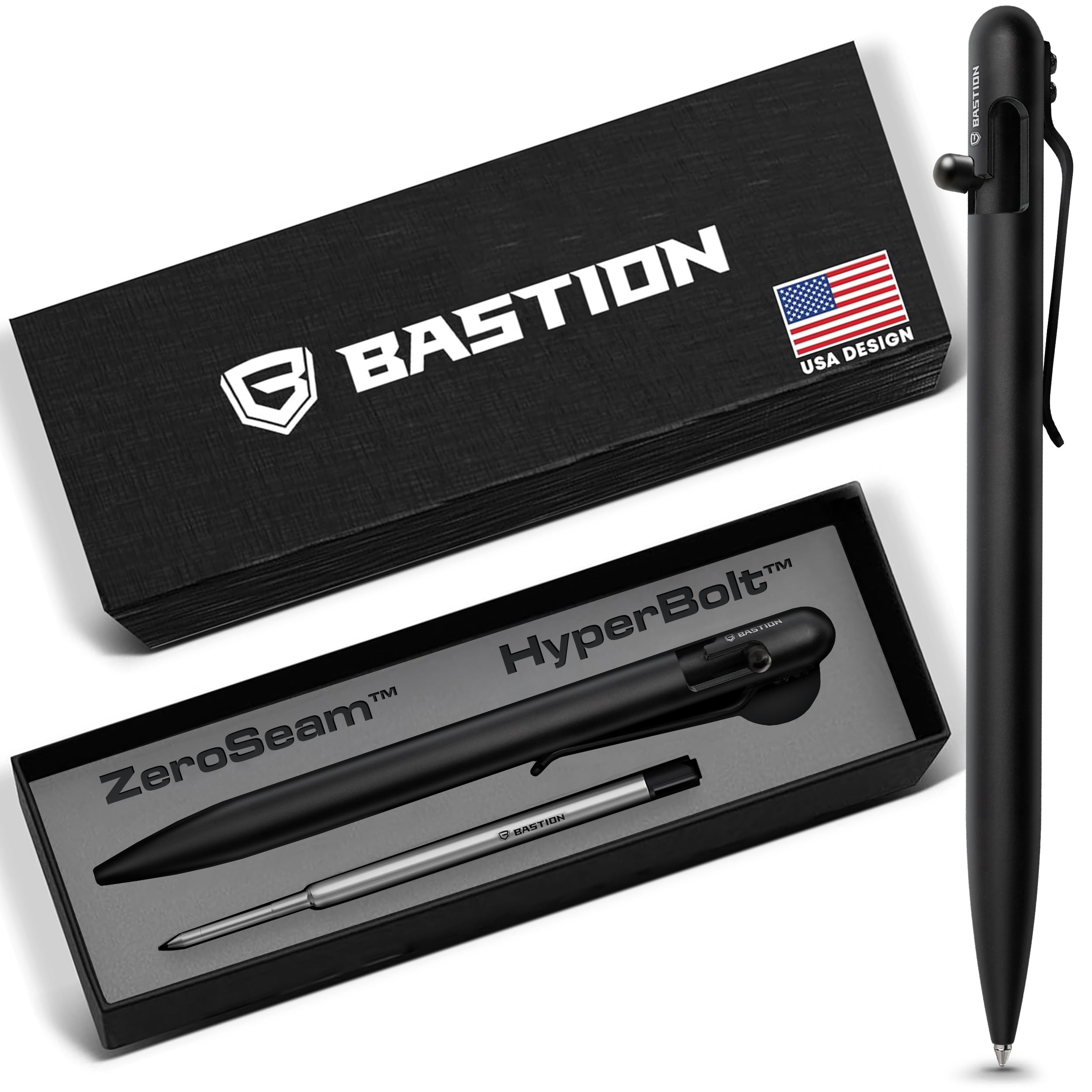 Slim Bolt Action Pen with Gift Case - Black Stainless Steel - Luxury Executive Retractable Lightweight Low Profile Cute Metal Pen - Ink Refillable Office Pocket EDC Writing Ballpoint Pens