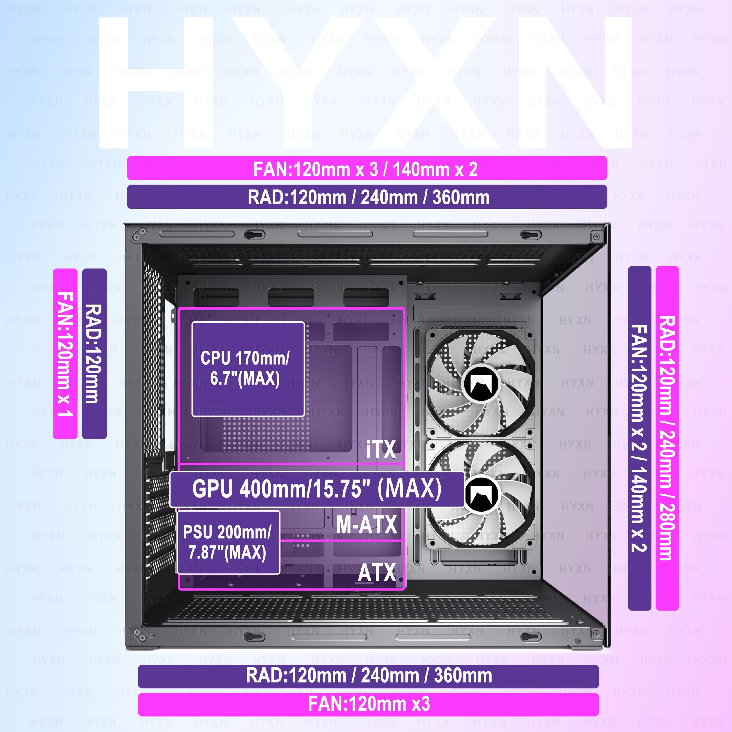 HYXN H3 ATX PC Case - Pre-Installed with 3 ARGB Fans - Compact Dual Cavity Mid-Tower Gaming PC Case,360mm Radiator Support - with Type-C 3.2 (Black-R) - 3