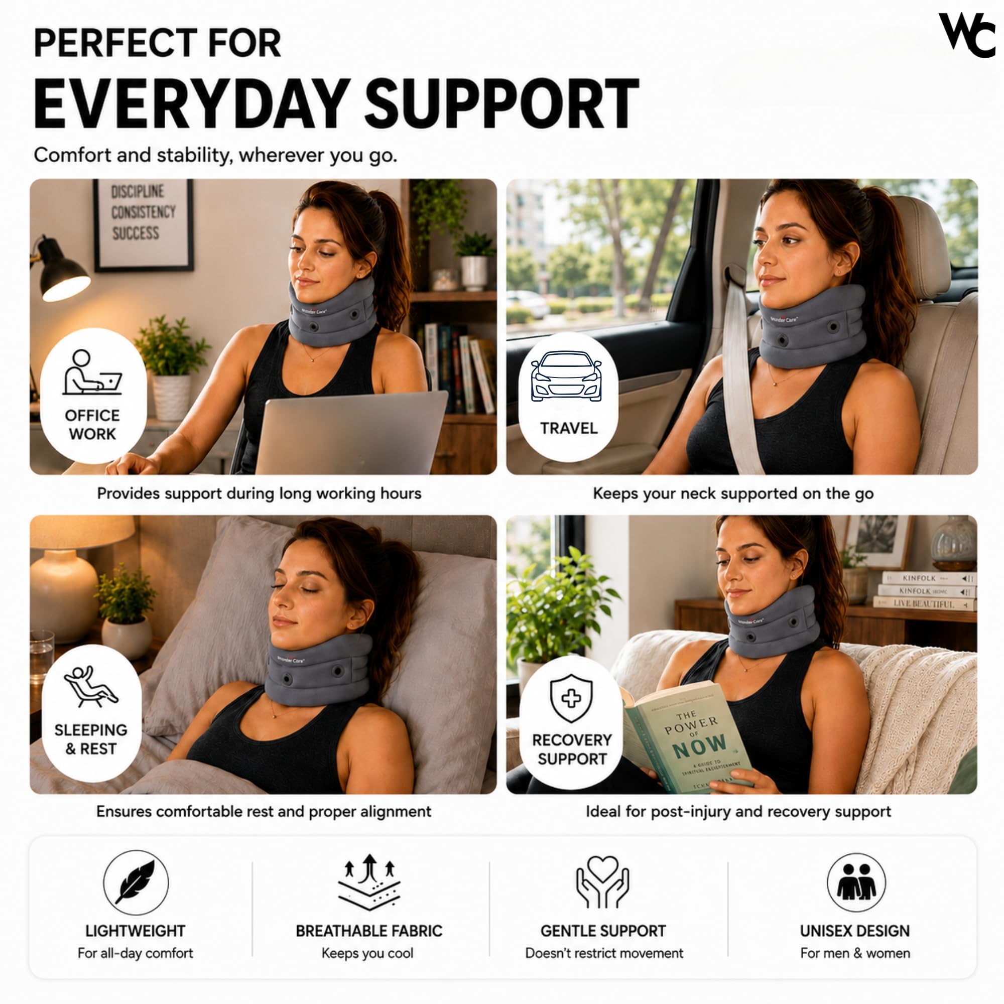 Wonder Care WC- Support de col souple Support de cou réglable Support de cou doux Support pour douleurs au cou et soutien pour hommes et femmes_C101l_grey