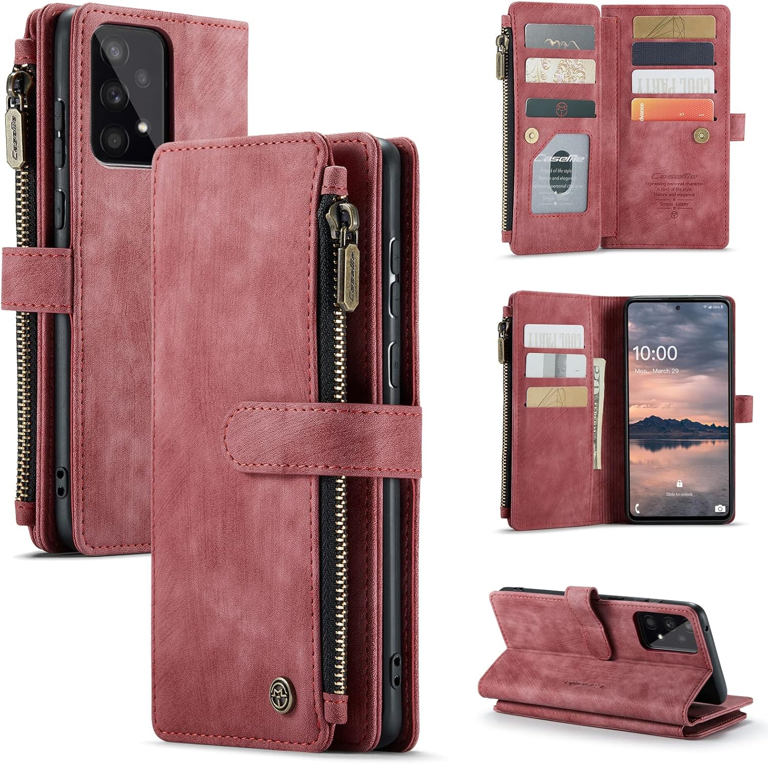 Genuine Leather Holster Cell Phone Case 10 Cards Slot Wallet Zipper Purse RFID Blocking Cover Stand for Samsung Galaxy A13 5G 2022 (A13, Blue)