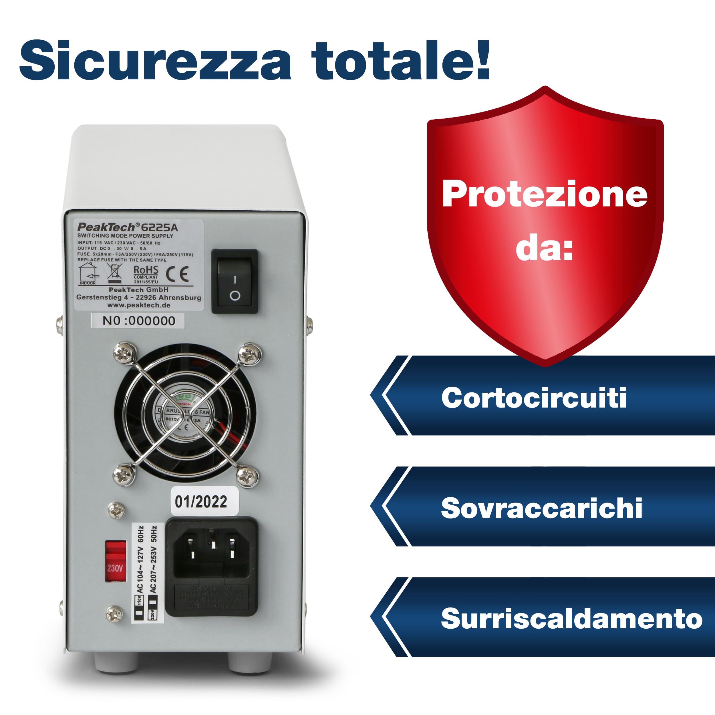 Peaktech 6225 a 1 - Alimentatore da Laboratorio Dc 0-30V/0-5A, Display a LED a 4 Cifre Regolabile, Alimentatore a Commutazione Stabilizzata, Protezione da Sovraccarico e Cortocircuito