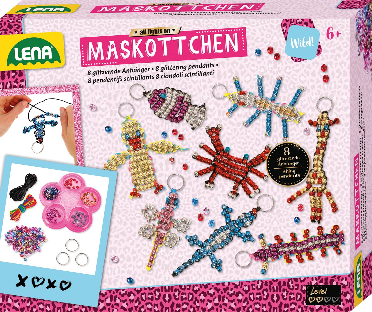 Lena 42690 Maskottchen groß Maskottchen Perlentiere Bastelset ab 6 Jahren, Mit 740 x Bastelperlen und 8 x Schlüsselringen, Schlüsselanhänger mit Perlen basteln