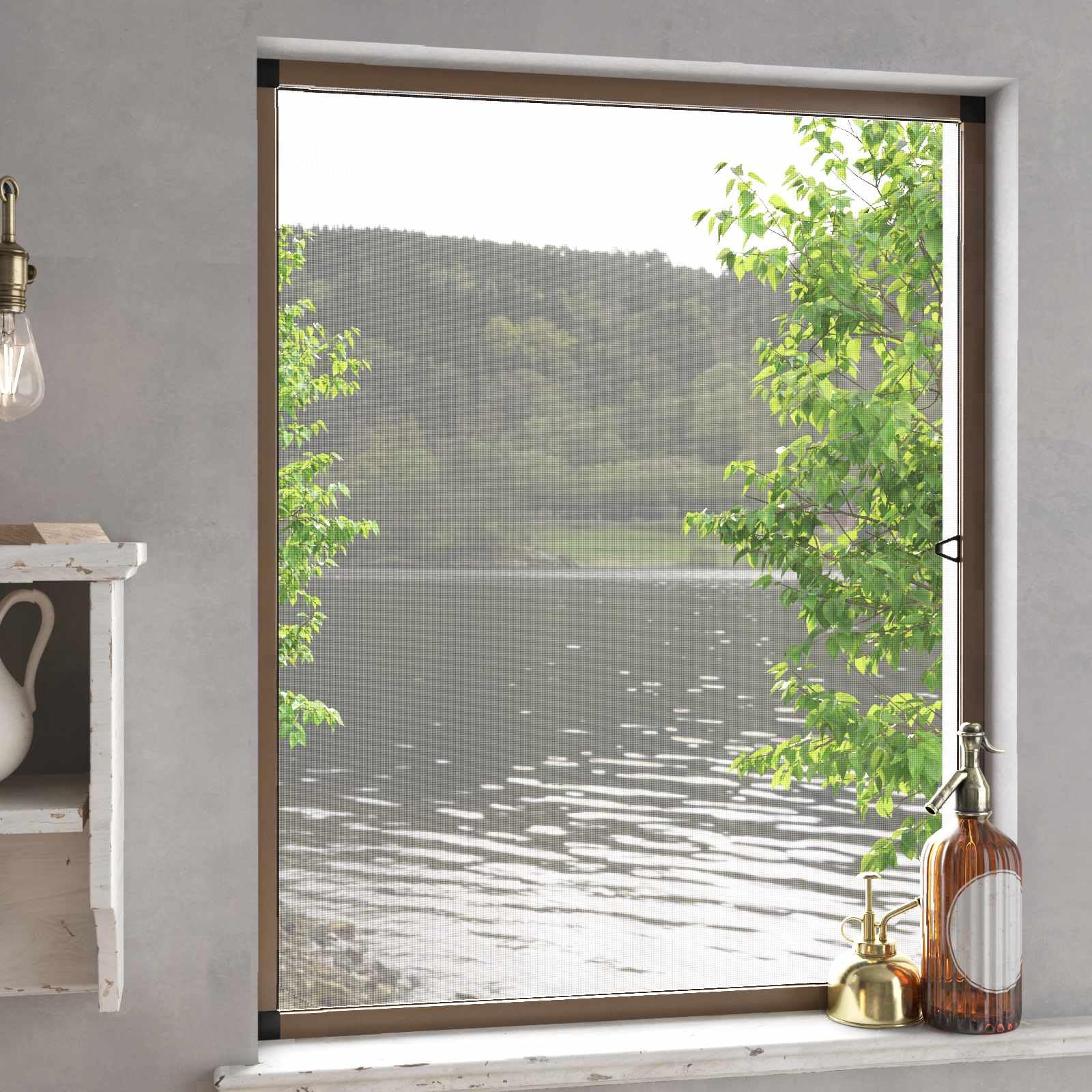 Fliegengitter für Fenster mit Alurahmen, 110 x 130 cm in Braun, zuschneidbares Fenstergitter mit Glasfasergewebe, bohrfreie Montage für Wohnbereich und Küche