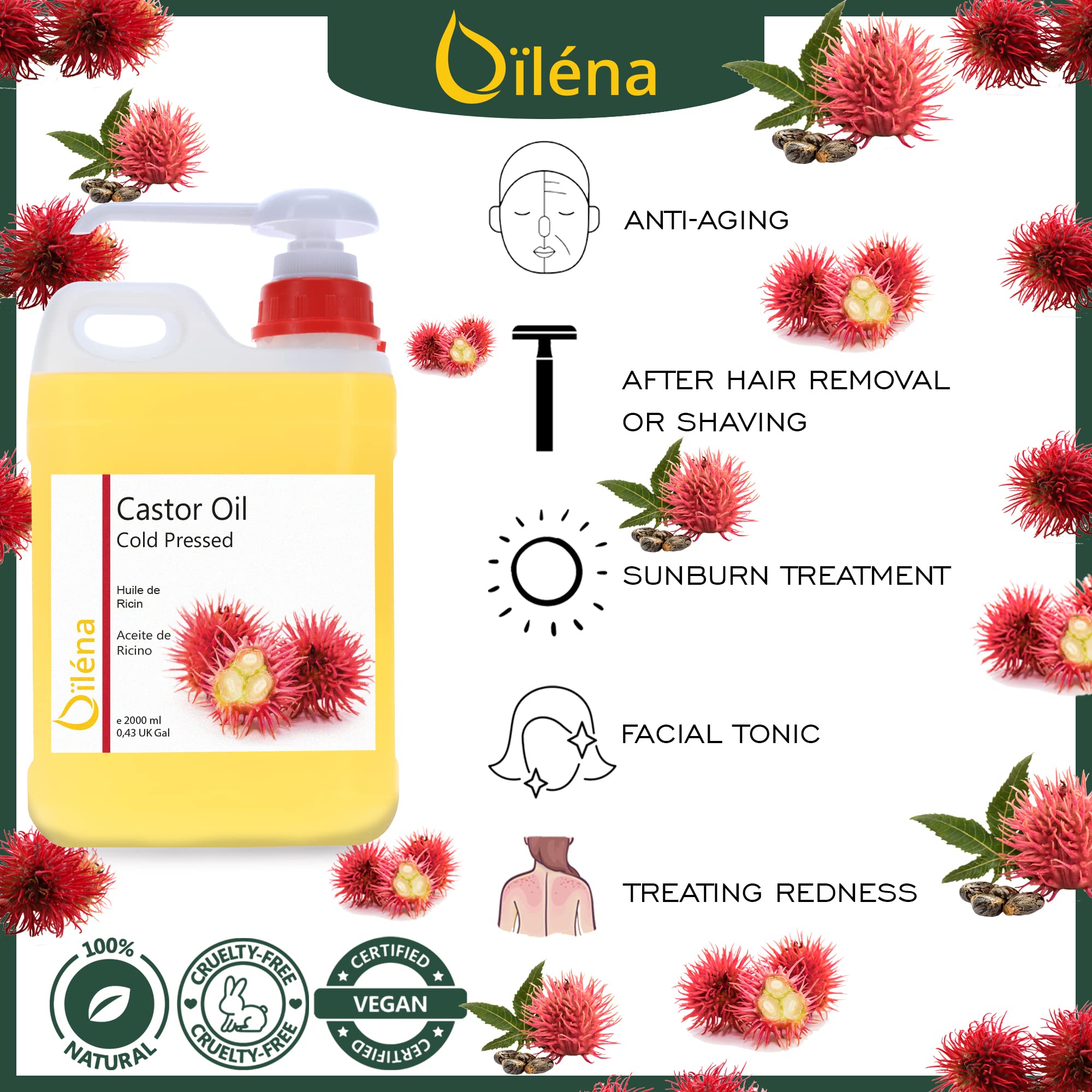 Rizinusöl 100% Rein, Kaltgepresst | Bartpflege, Bartwachstum | Kollagen-Produktion, Hautpflege | Haarpflege, Haarwachstum, Schuppenbekämpfung | Vegan 5000 ml