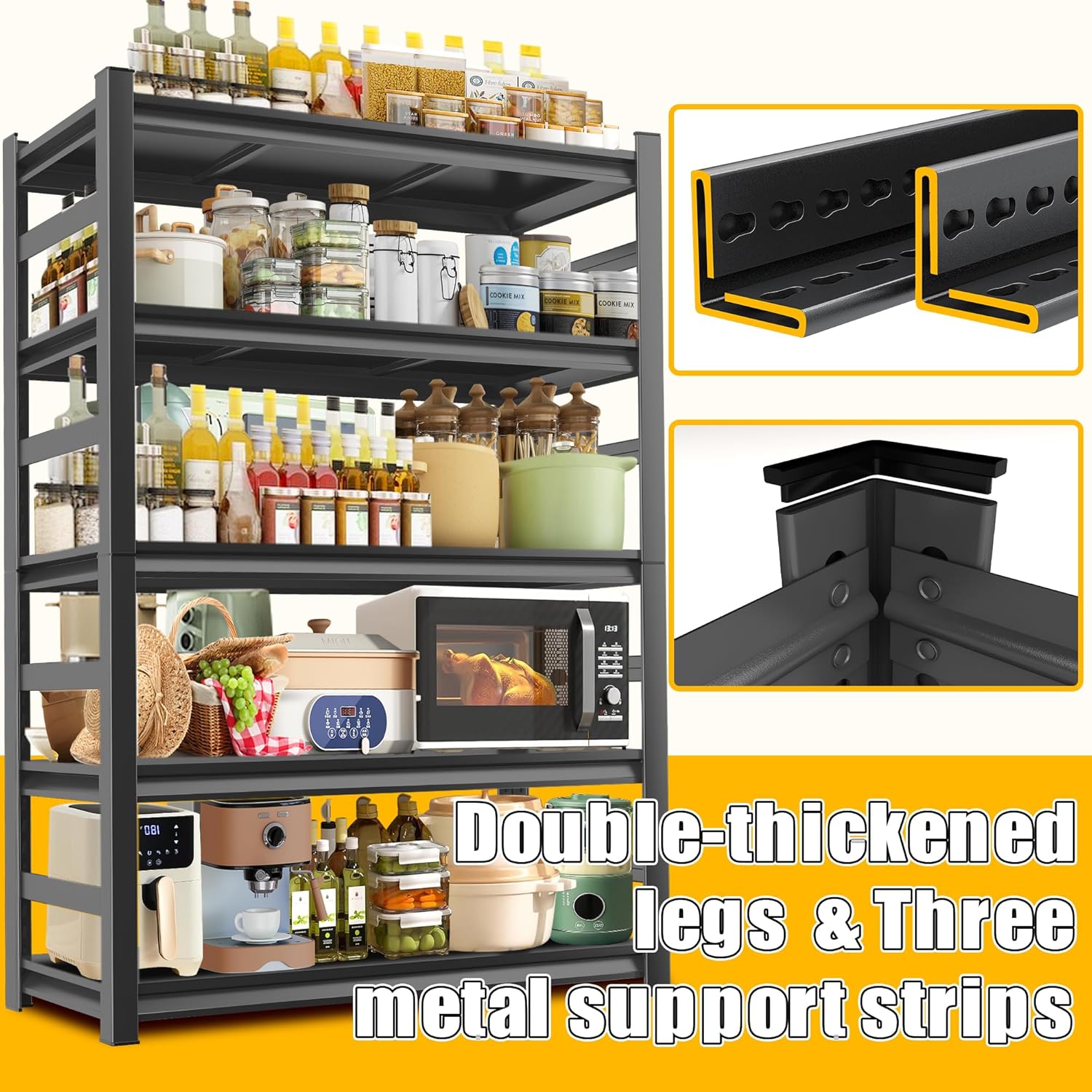 48''W Kitchen Shelves with Large Storage Capacity, Waterproof and Rust-Resistant Metal Racks, Multi-Functional Adjustable Kitchen Storage Shelf, Suitable for Kitchens, Storage Rooms, Black