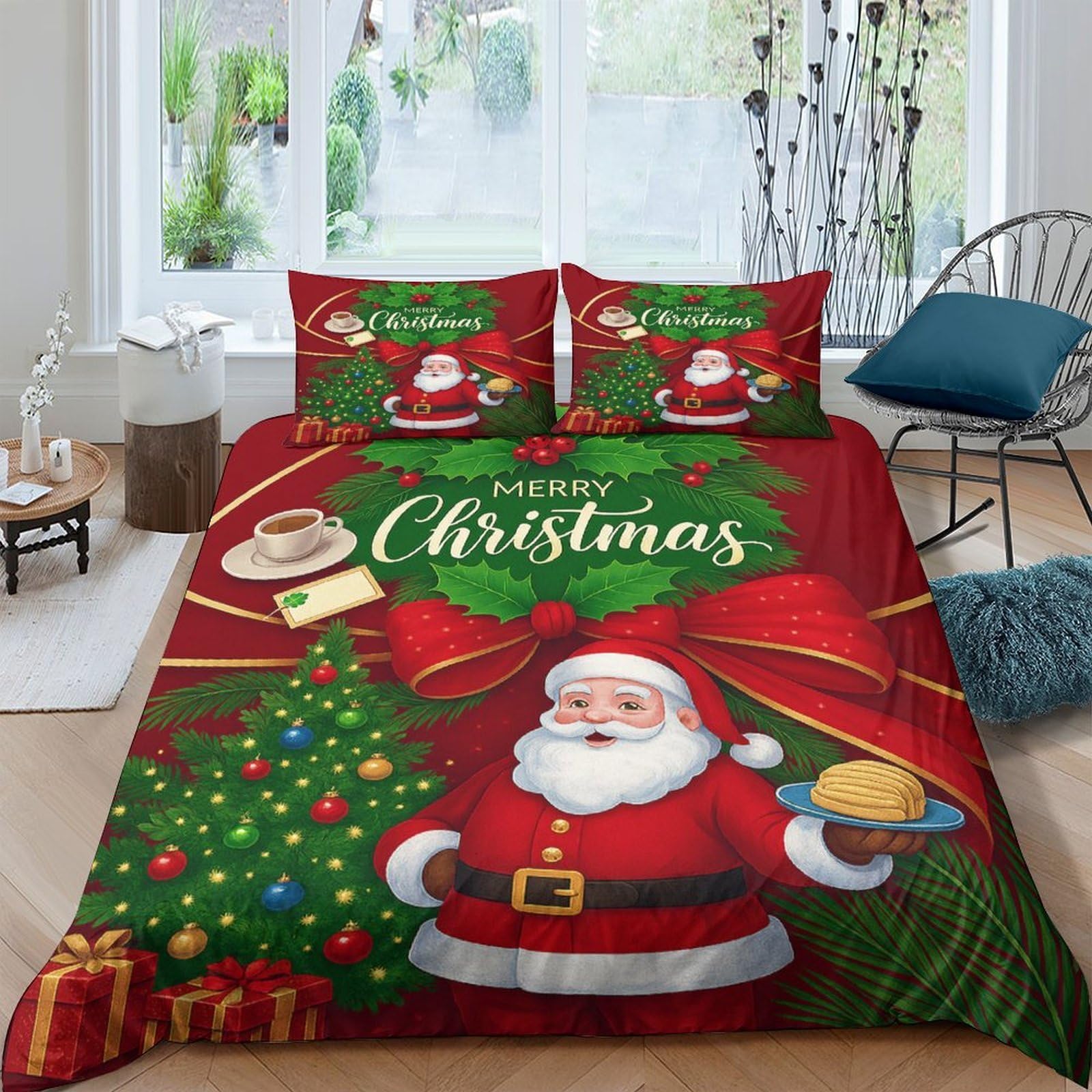 Ctjqhvkz Style-8 3D Printed Santa Claus Fitted Sheet Microfiber Christmas Tree Bed Cover Red Green For Bedroom Guest Room Single（135X200cm）