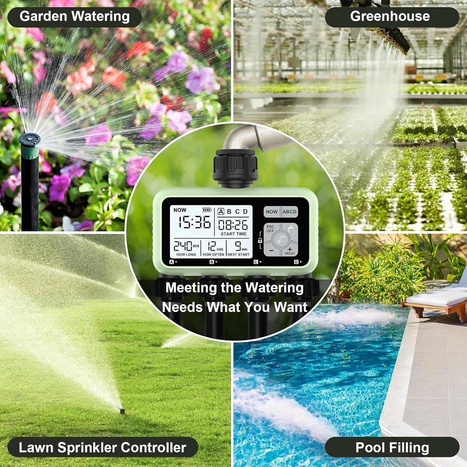4 Outlet Sprinkler Timer, Programmable Garden Hose Timer with Rain Delay, Manual& Automatic Watering System, Waterproof Gardening Supplies Irrigation Controller for 4 Separate Water Zones
