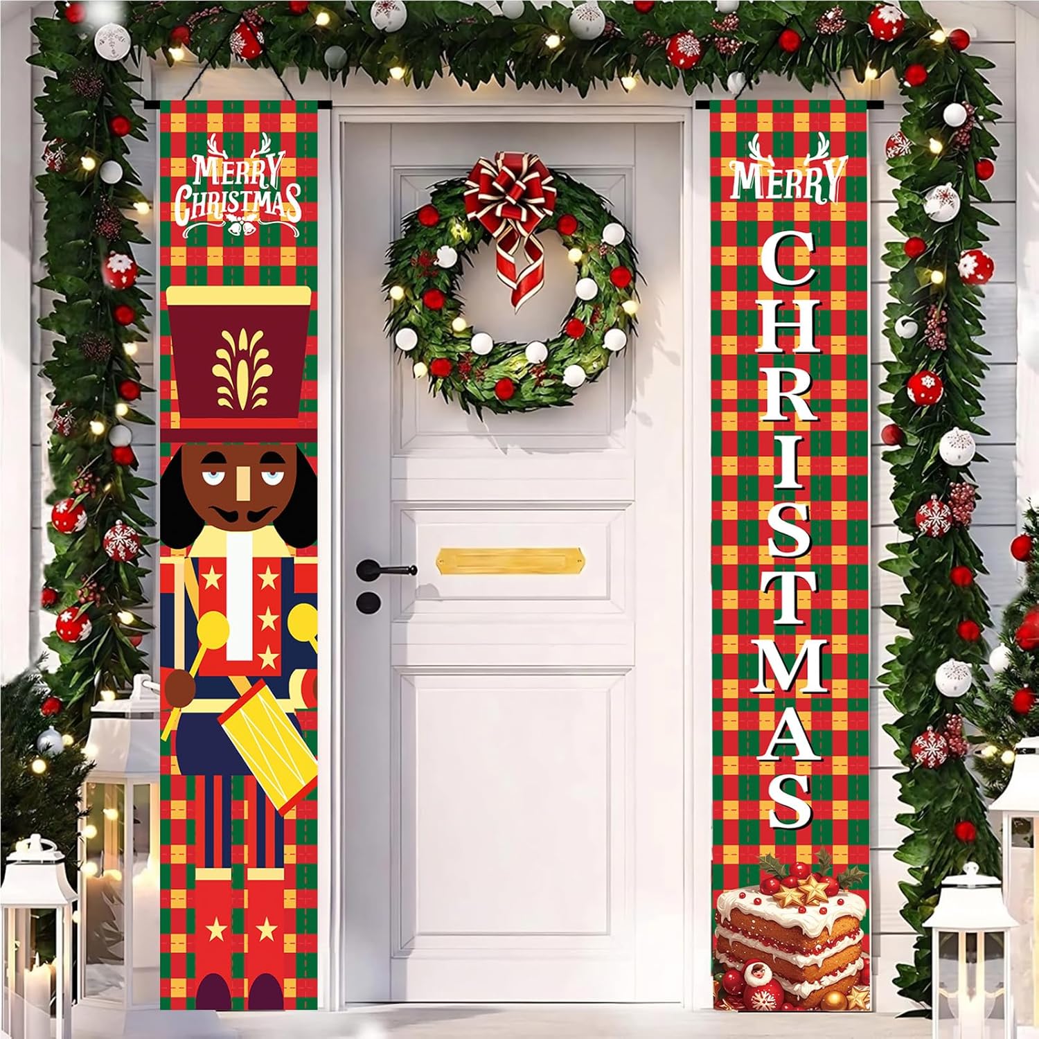 Decoraciones navideñas para porche al aire libre, cascanueces para puerta delantera, juego de letreros de porche a cuadros rojos y verdes,