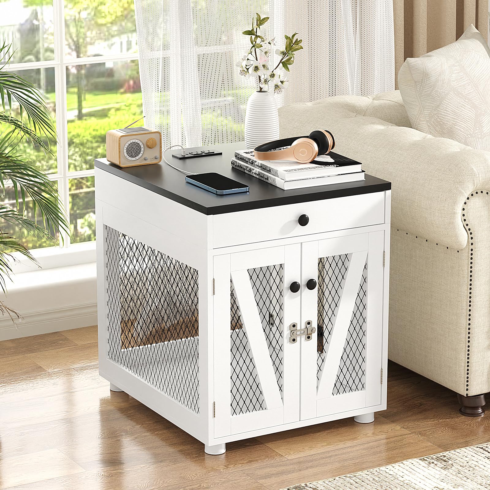 VOWNER Dog Crate Furniture, Wooden Dog Kennel End Table with USB Charging Station, Storage Drawer, Double Latched Door, Furniture-Style Crate Side Table for Small Dogs Under 25 lbs Indoor Use, White - image 7