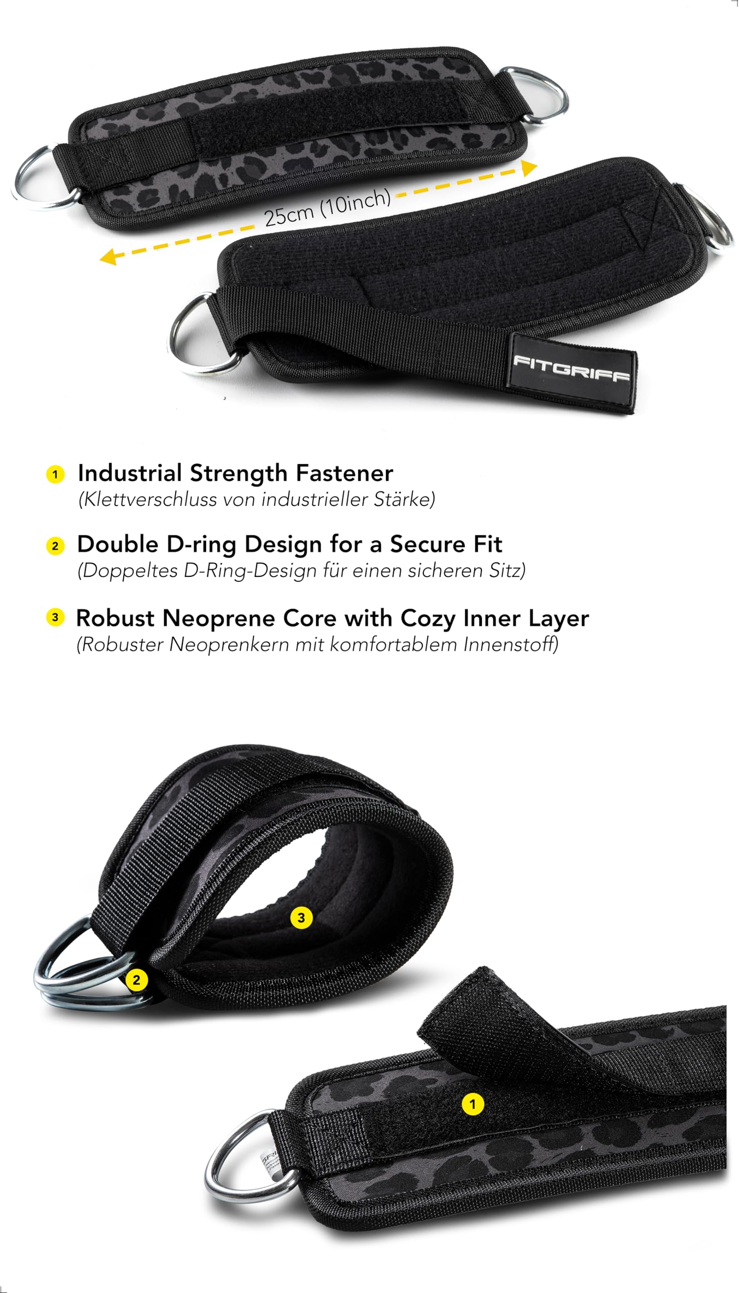 Fitgriff® Sangle Cheville Musculation Poulie V1 - Ankle Straps pour Sport, Kickback, Entraînement des Fessiers - Accessoires de Fitness pour Cable Machines