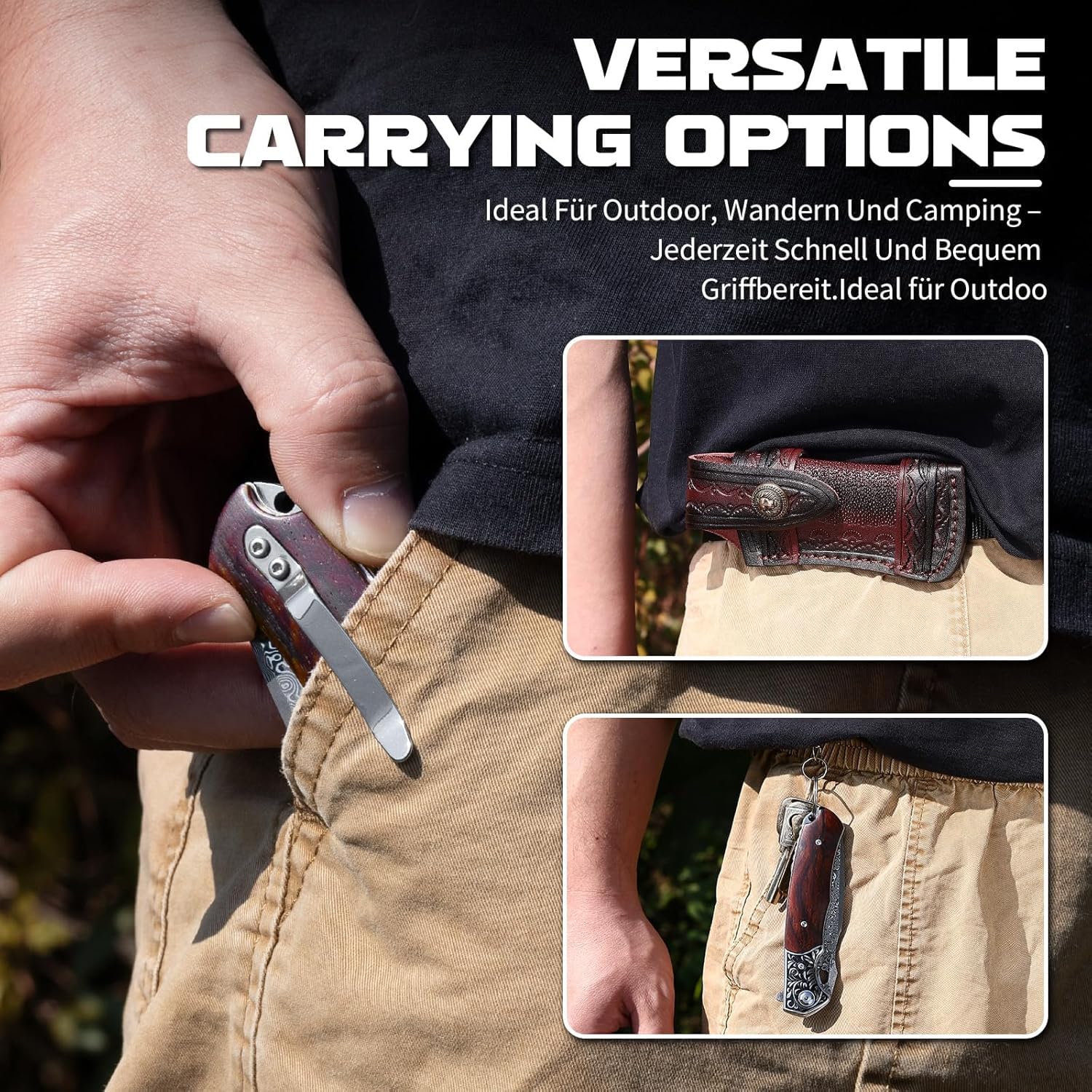 Omesio Damast VG10 Stal Scyzoryk EDC Drewniana Rękojeść Etui | Scyzoryk EDC ze stali damasceńskiej VG10, drewnianą rękojeścią i skórzaną pochwą, do campingu, wędrówek i outdoor