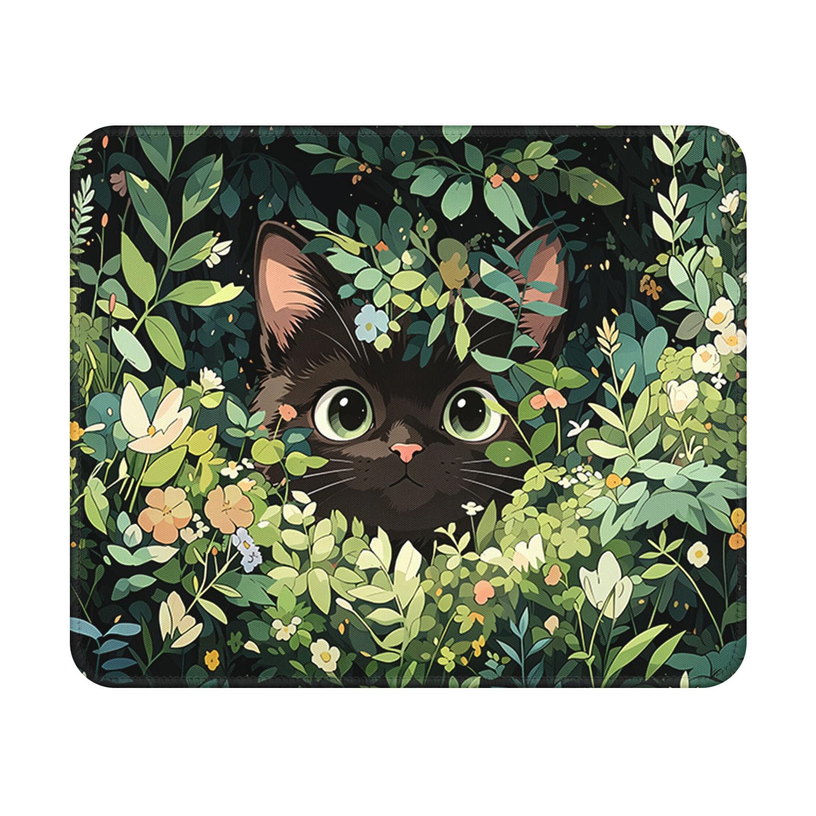 Green Leaf Balck Cat Mouse Pad 9.5x7.9 Inch with Anti-Slip Rubber Base