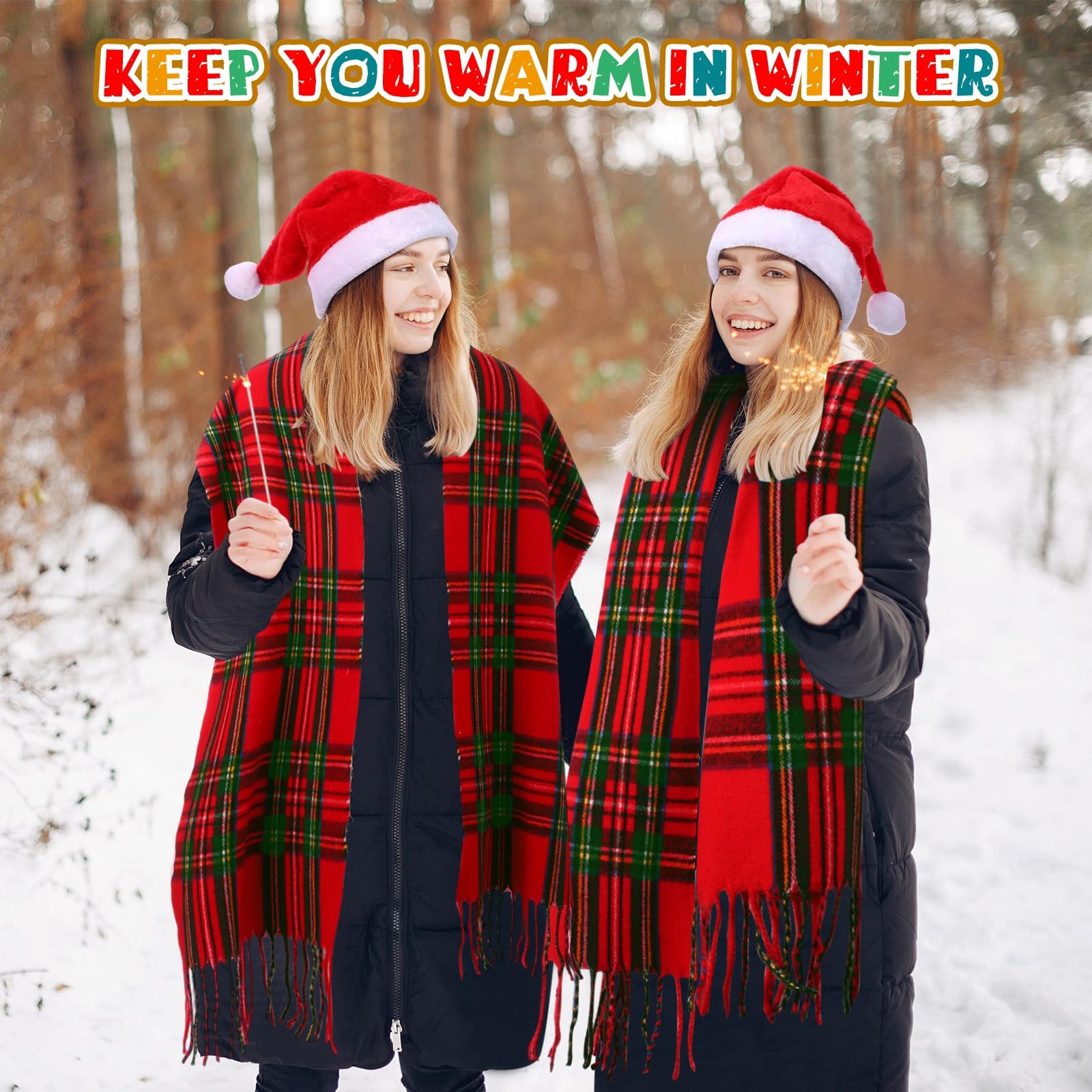 Coume Ensemble bonnet de Père Noël et écharpe pour adultes, écharpe d'hiver à carreaux chaud avec pompon pour homme et femme, cadeaux de vacances