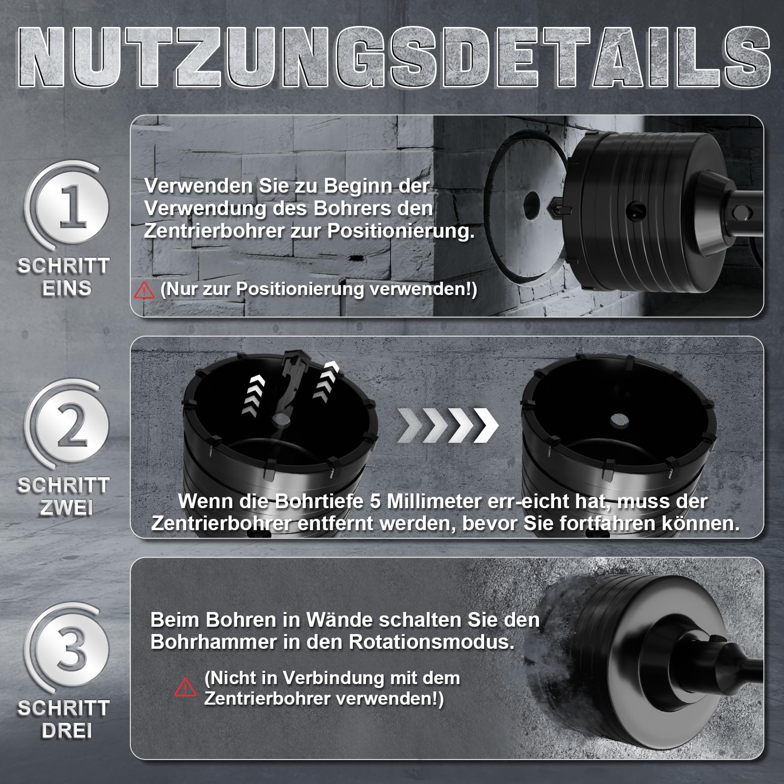 Punta per sega a tazza SDS Plus, 160 mm, con adattatore SDS Plus, 220 mm, per muratura, mattoni, cemento, pietra