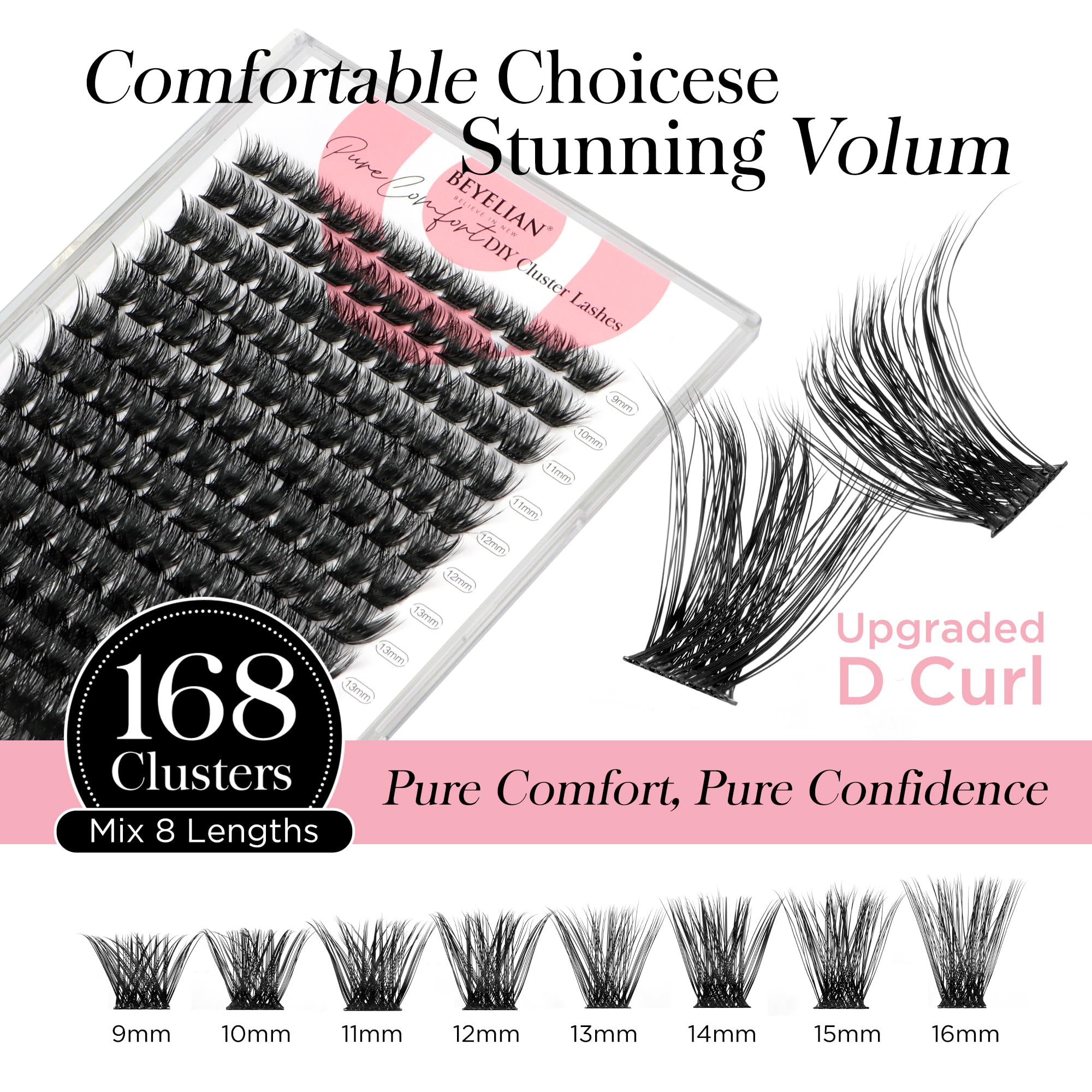 BEYELIAN Lash Extension Kit Lash Extension Clusters 168 Pcs D Curl Lash Clusters Thick Cluster Lashes Extensions Super Thin Band & Soft Lashes Reusable 9-16mm MIX (56D) - Image 2