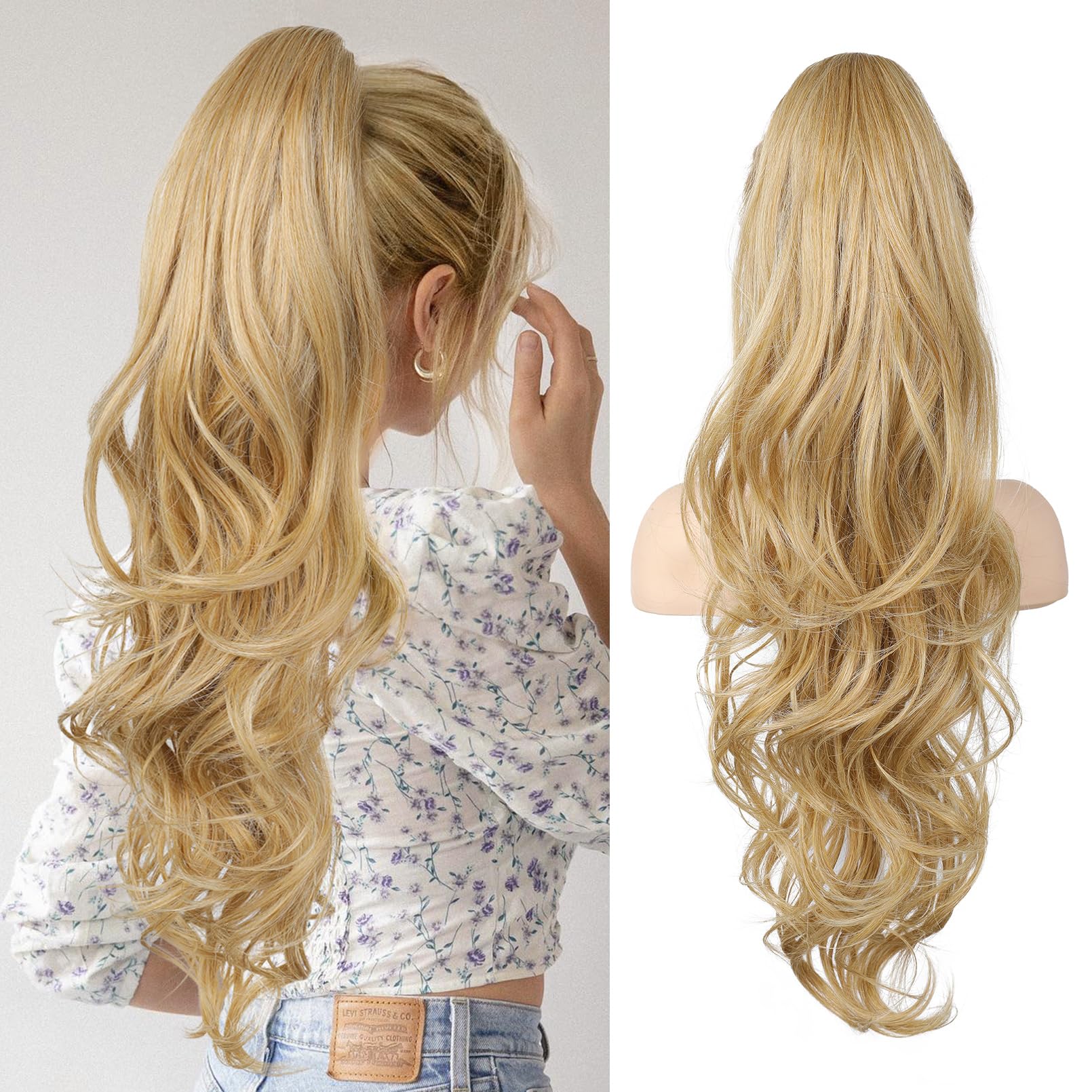 Flufymooz 26" Ponytail Extension, Long Wavy Curly Claw Clip in Ponytail Hair Extensions